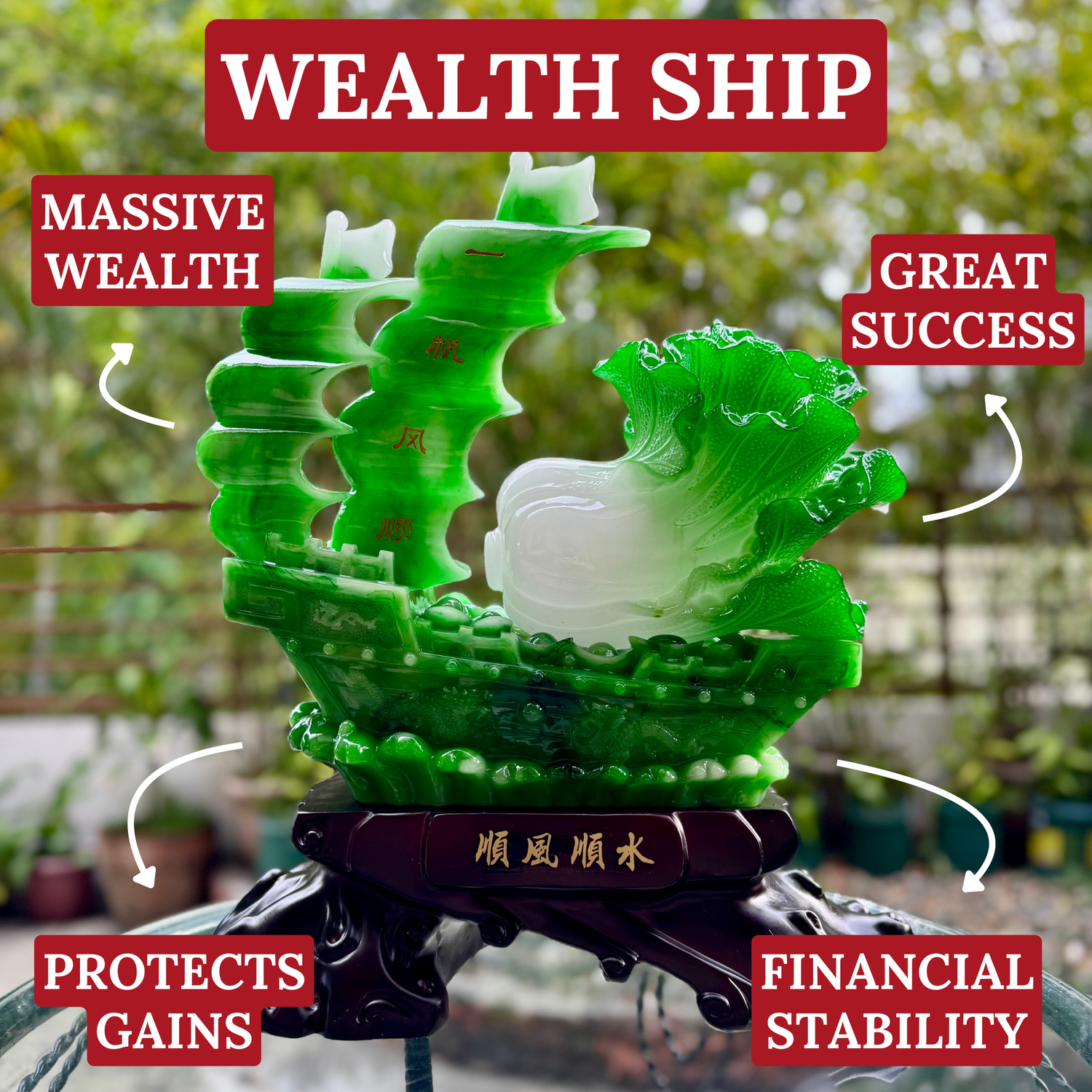 Emerald Jewel Wealth Ship & Cabbage 50cm Default Title - Feng Shui Charms - Royal Dragon Decor Philippines