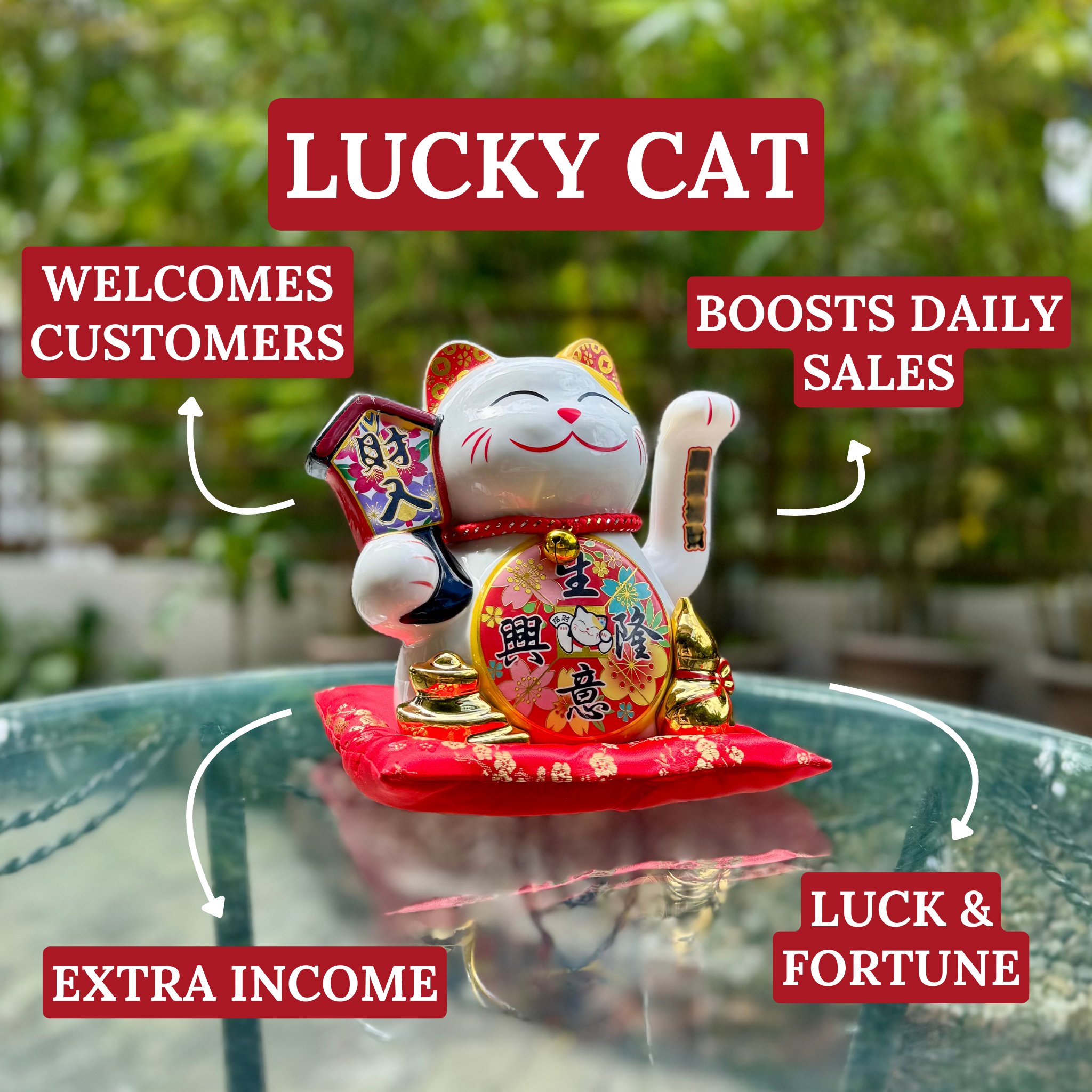 White Lucky Cat with Wealth-Inviting Tokens 20cm Double Plaque - Feng Shui Charms - Royal Dragon Decor Philippines