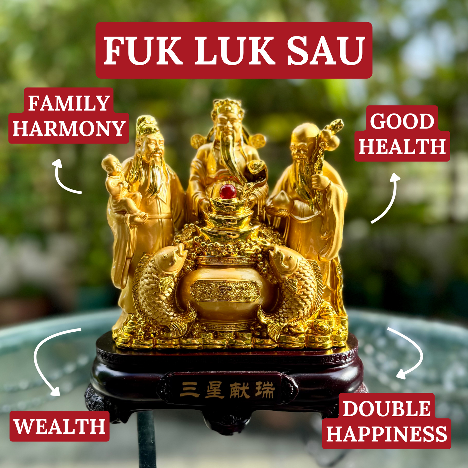 Golden Trinity of Fortune Fuk Luk Sau 21cm Default Title - Feng Shui Charms - Royal Dragon Decor Philippines