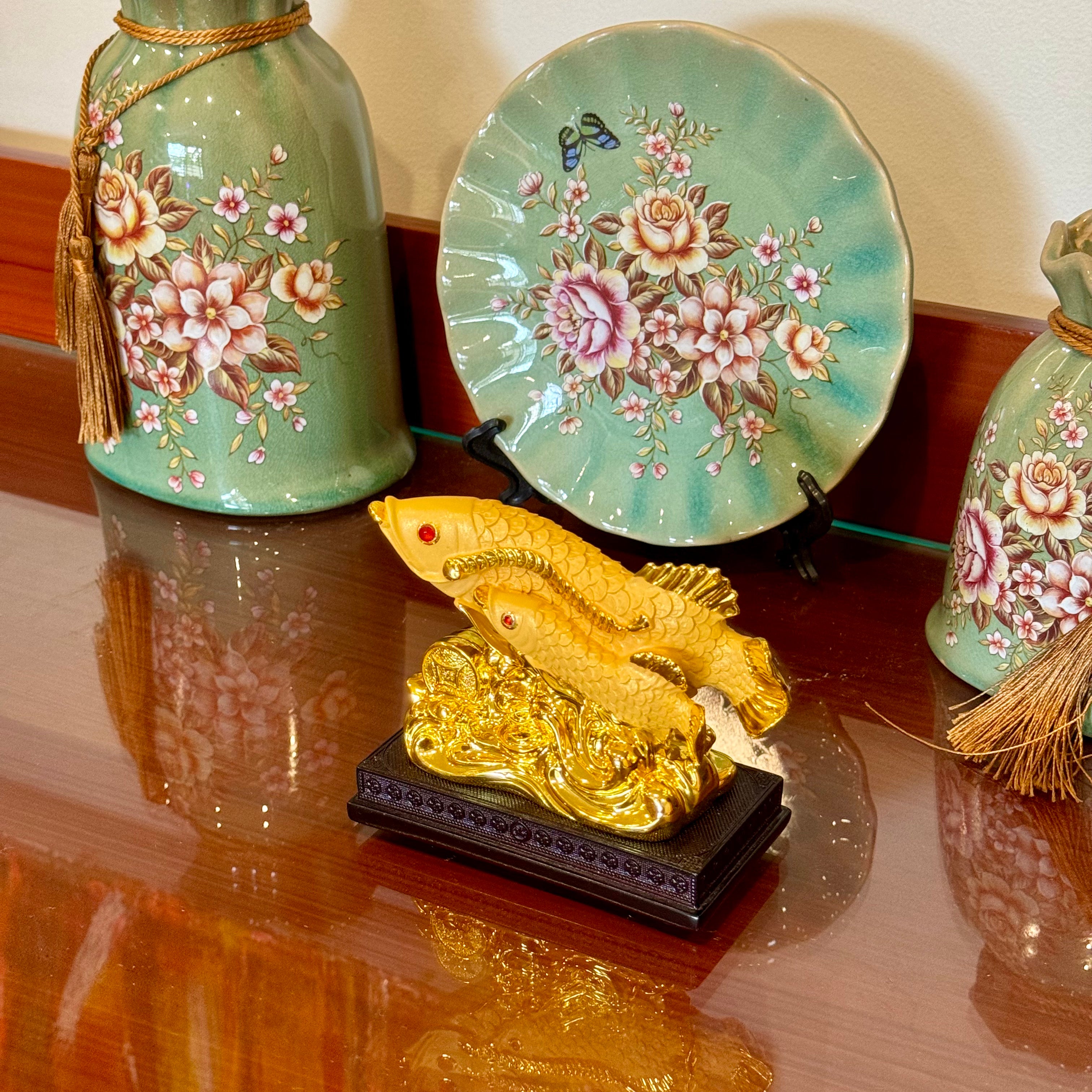 Mini Gold Arowanas Swimming in Wealth 13cm Default Title - Feng Shui Charms - Royal Dragon Decor Philippines