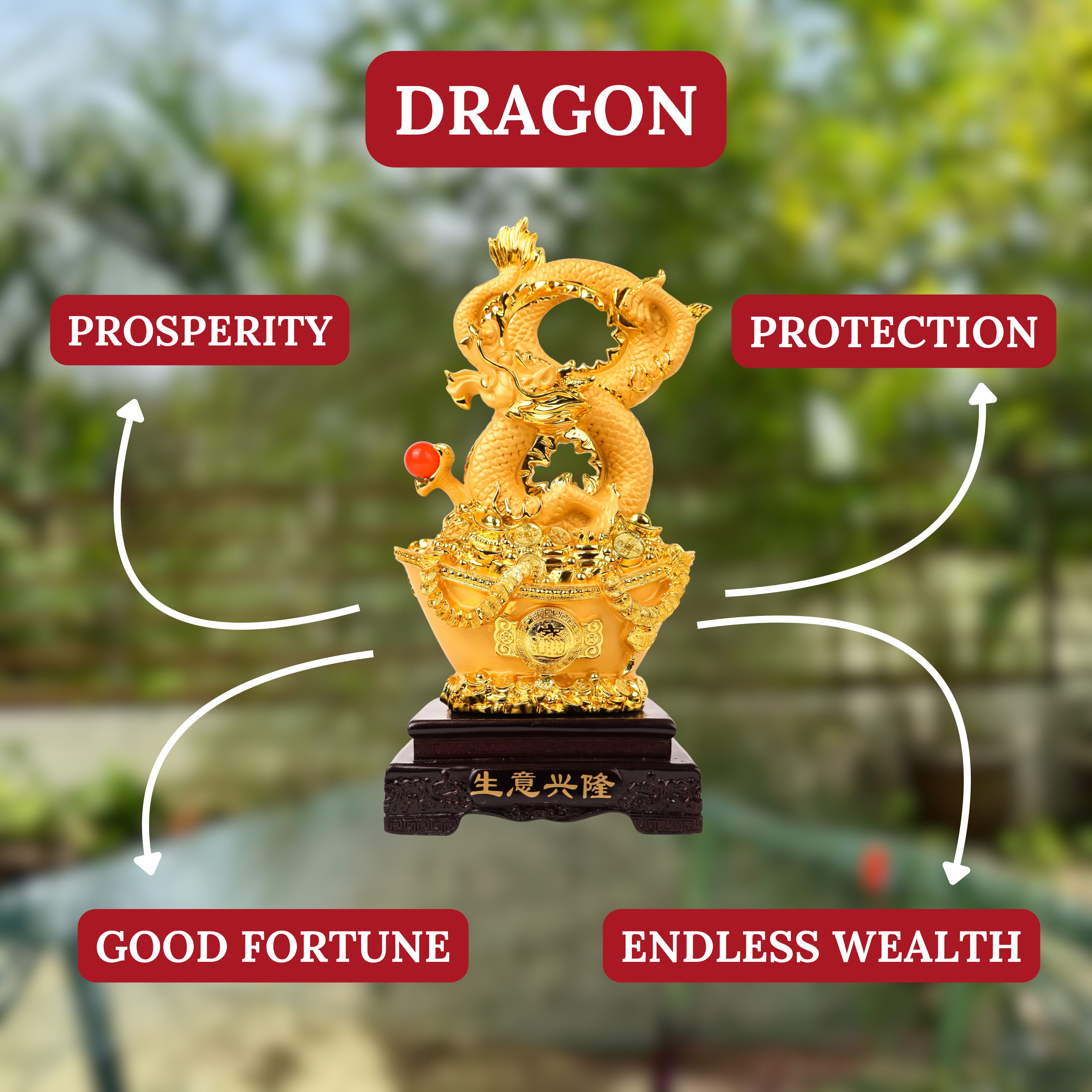 Golden Infinity Dragon on Wealth Ingot 38cm