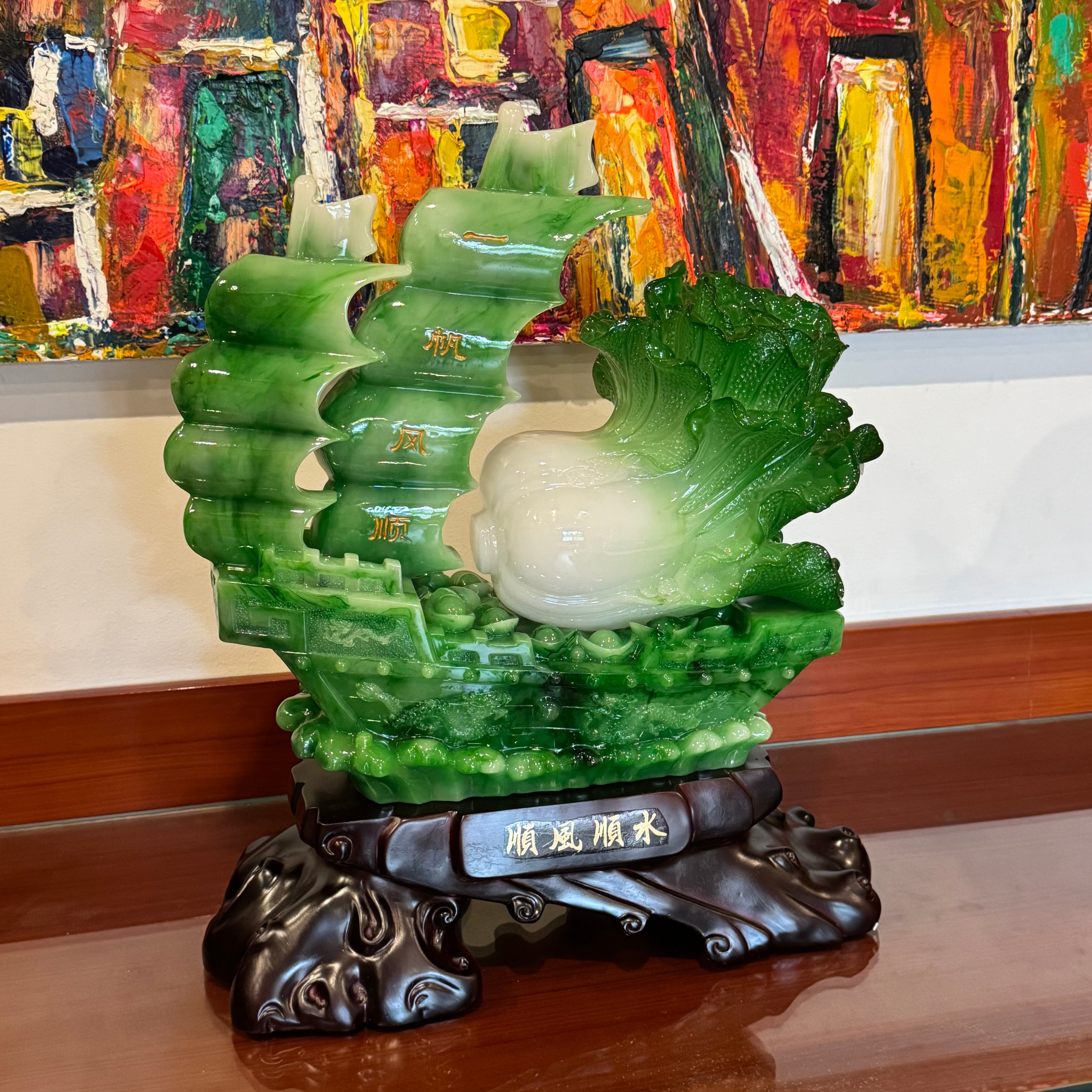 Emerald Jewel Wealth Ship & Cabbage 50cm Default Title - Feng Shui Charms - Royal Dragon Decor Philippines