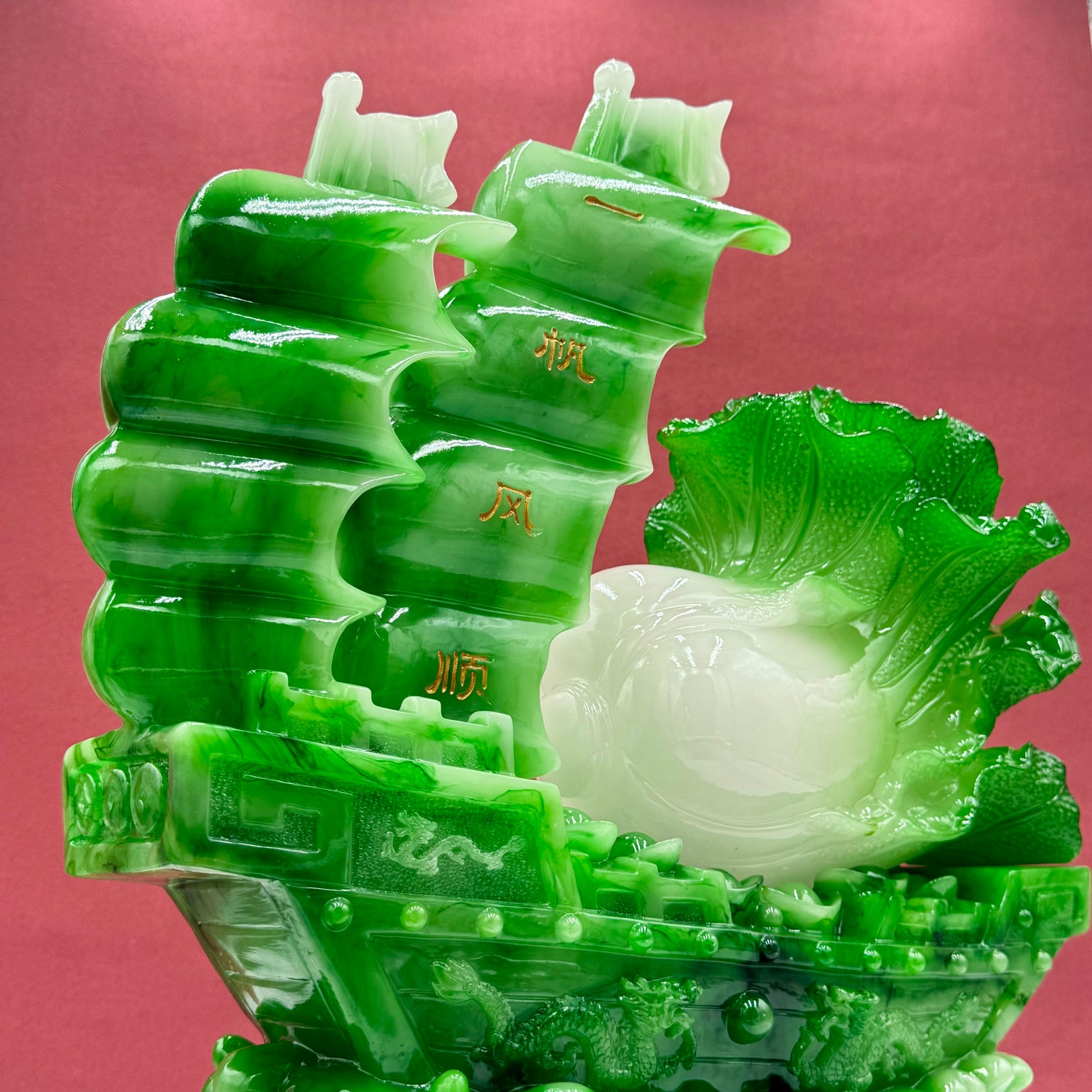 Emerald Jewel Wealth Ship & Cabbage 50cm Default Title - Feng Shui Charms - Royal Dragon Decor Philippines