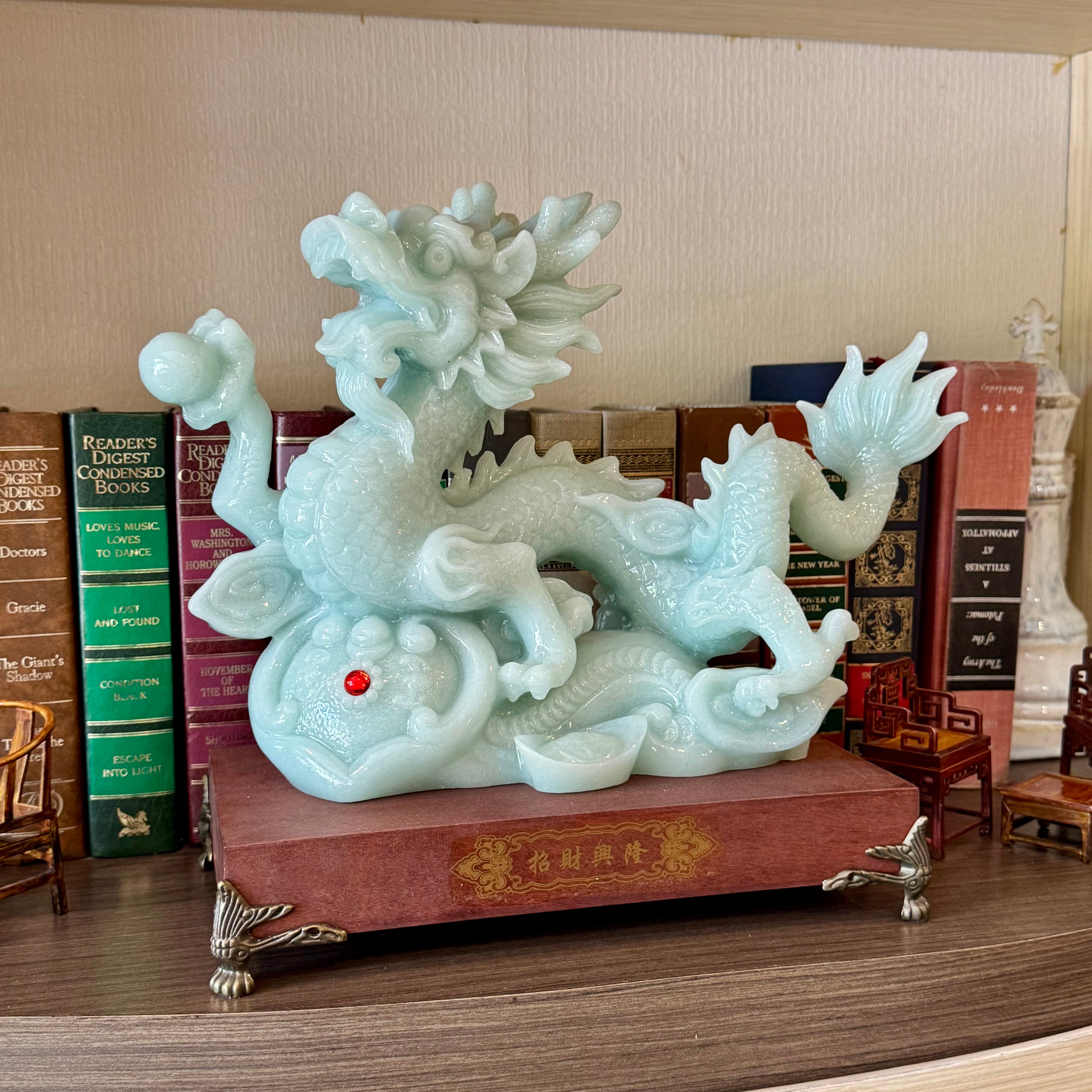 Dynasty Jade Dragon on Wooden Base 29cm Default Title - Feng Shui Charms - Royal Dragon Decor Philippines