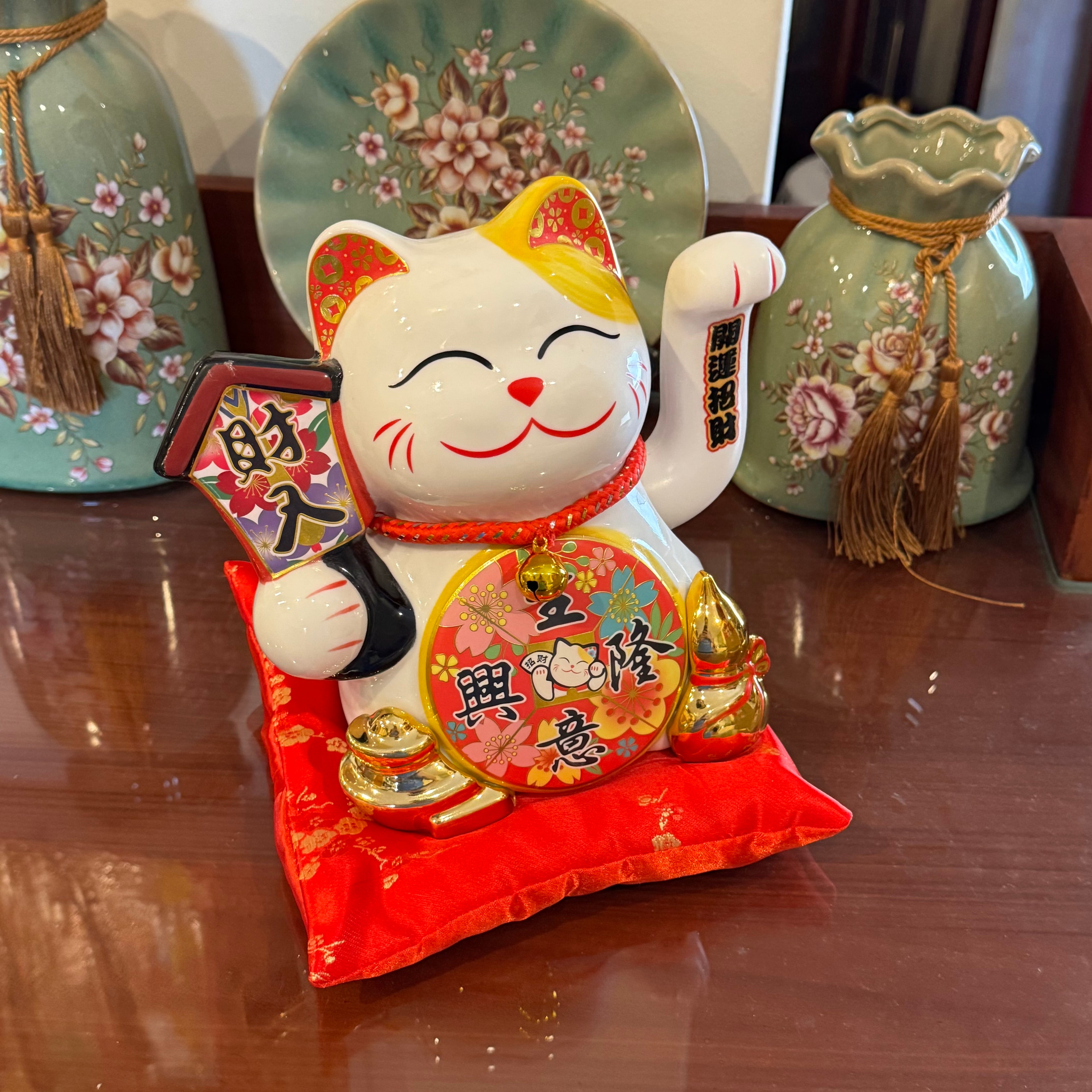 White Lucky Cat with Wealth-Inviting Tokens 20cm Double Plaque - Feng Shui Charms - Royal Dragon Decor Philippines
