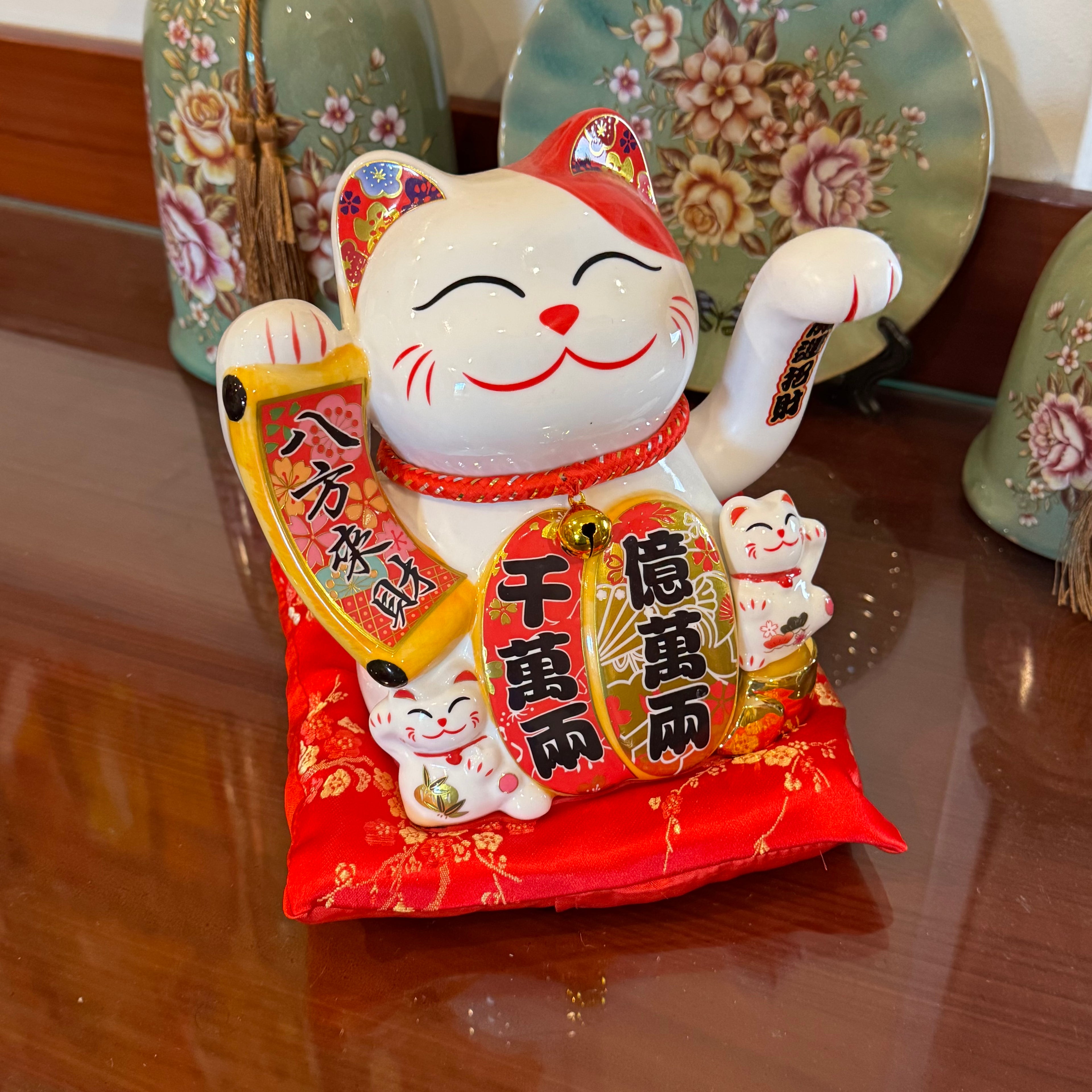 White Lucky Cat with Wealth-Inviting Tokens 20cm Double Plaque - Feng Shui Charms - Royal Dragon Decor Philippines