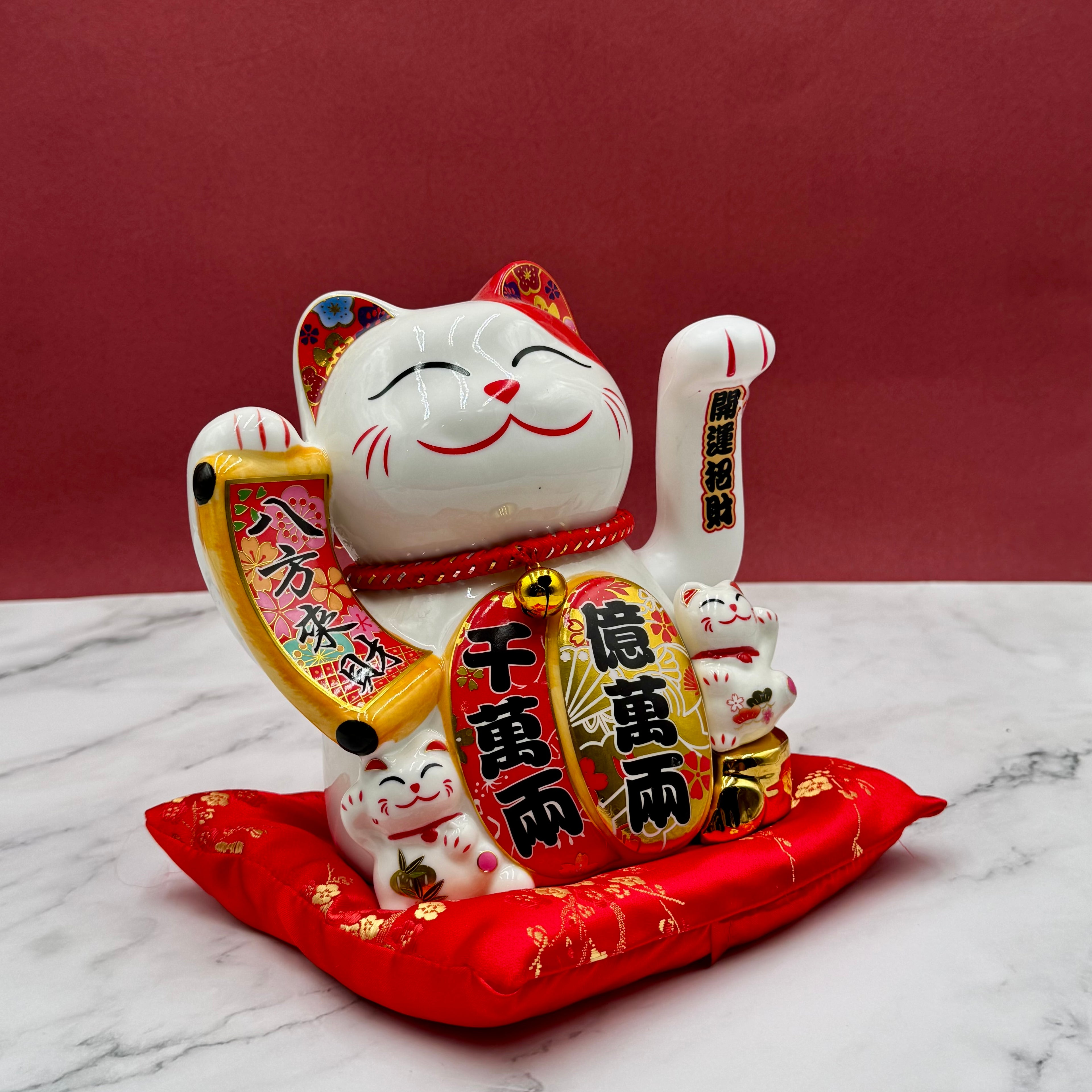 White Lucky Cat with Wealth-Inviting Tokens 20cm Double Plaque - Feng Shui Charms - Royal Dragon Decor Philippines
