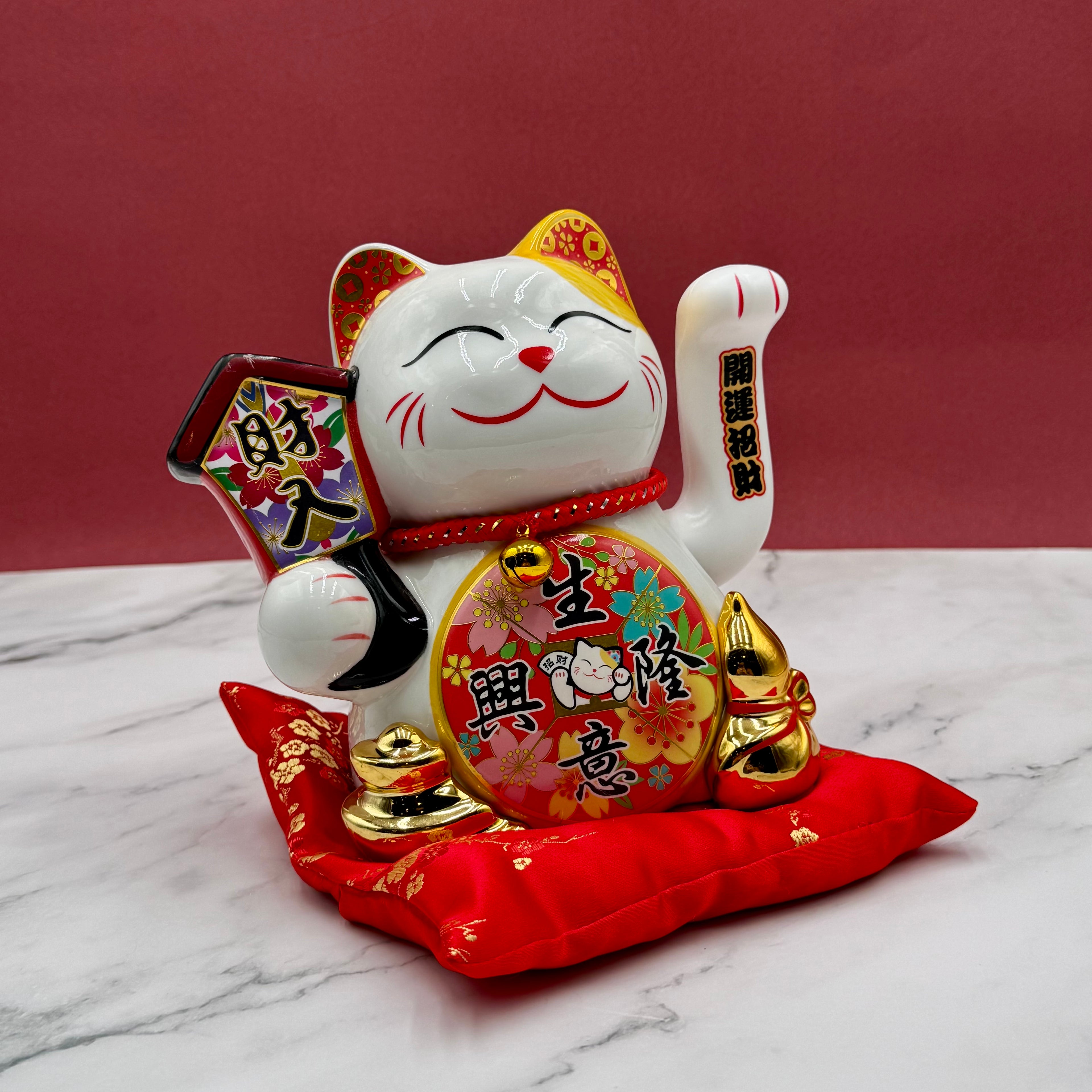 White Lucky Cat with Wealth-Inviting Tokens 20cm Double Plaque - Feng Shui Charms - Royal Dragon Decor Philippines