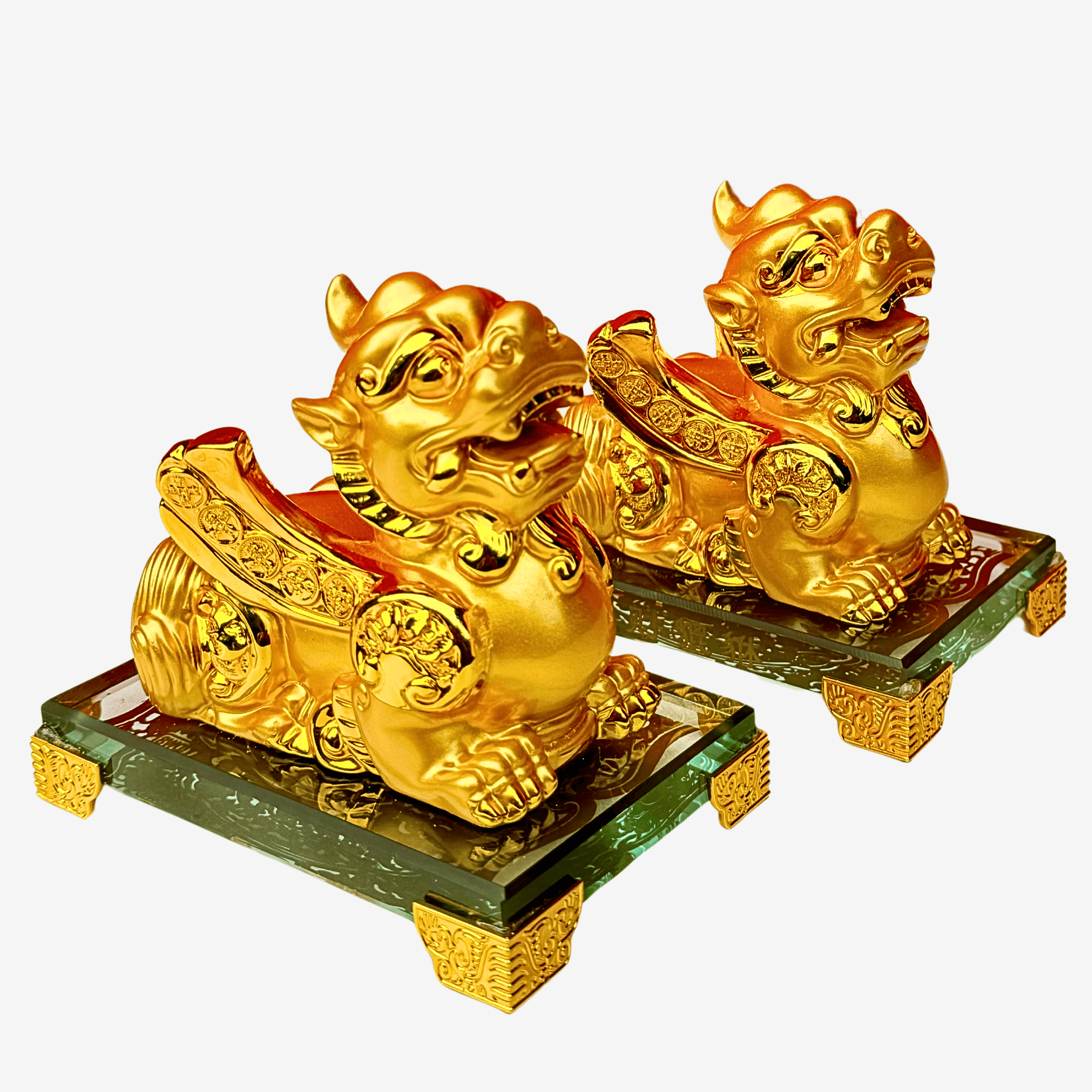 Golden Little Pi Yao / Pixiu Protection Pair 12cm - Feng Shui Chinese Lucky Items - Royal Dragon Decor