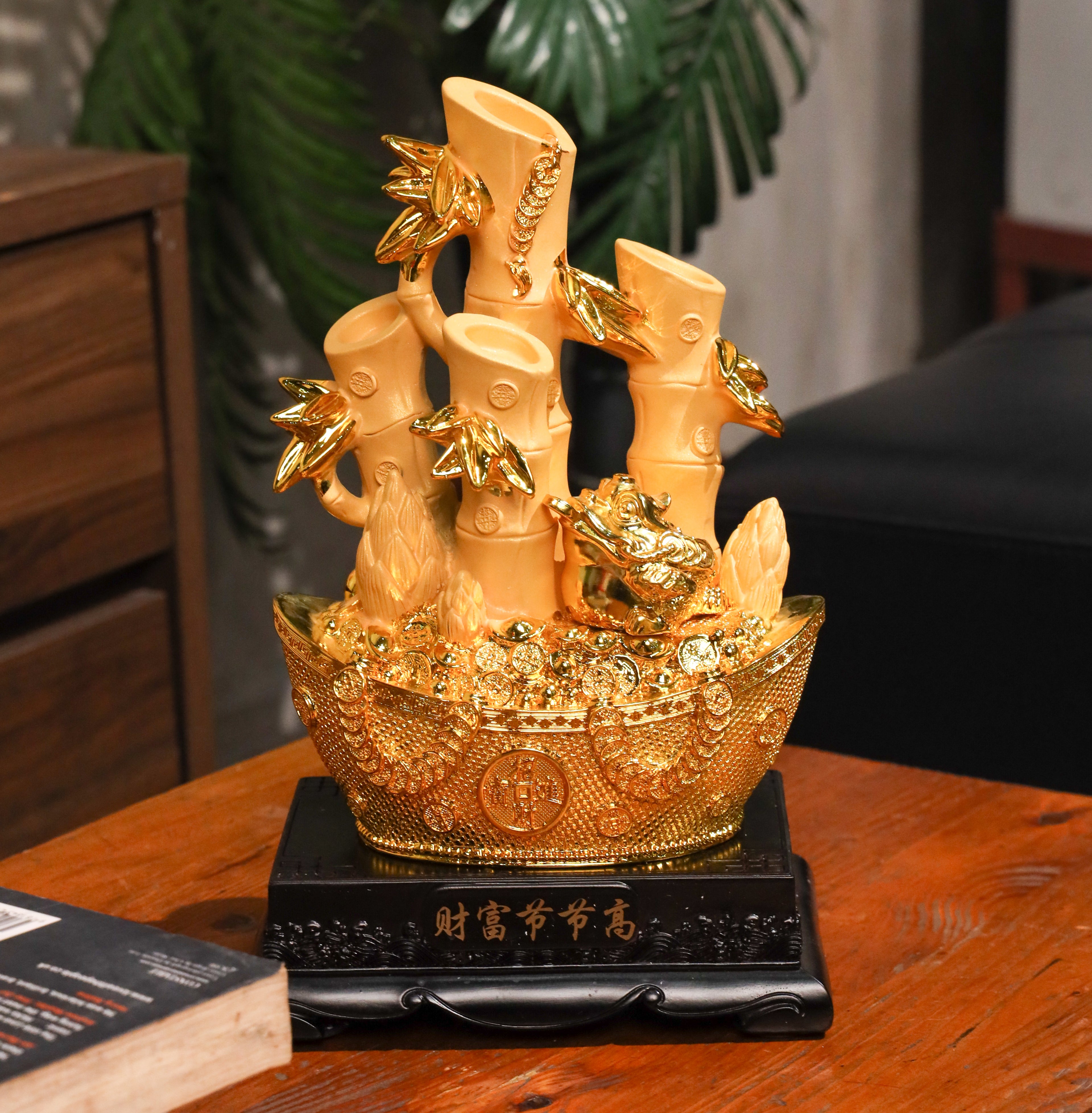 Lucky Bamboo on Golden Ingot for Growing Wealth 30cm