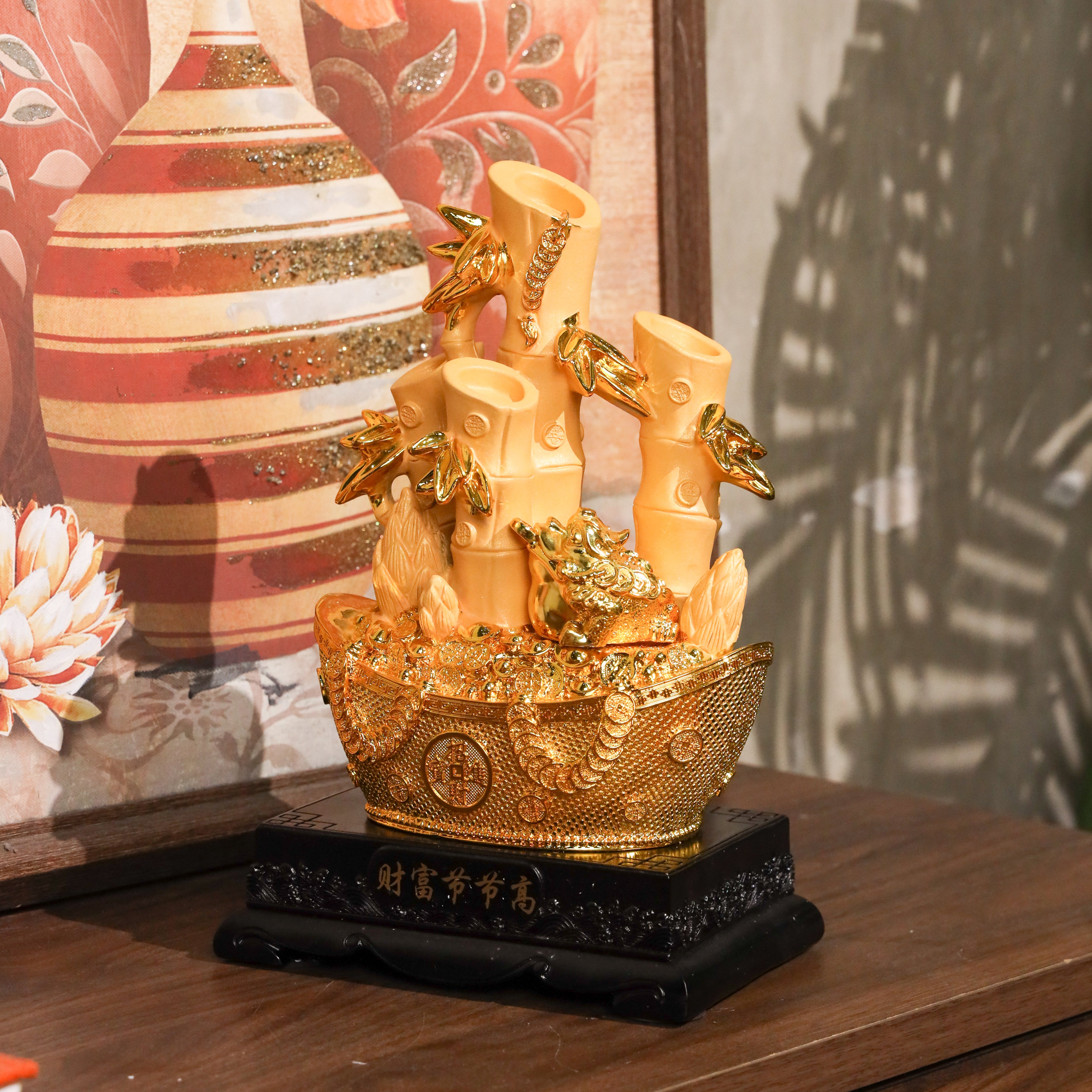 Lucky Bamboo on Golden Ingot for Growing Wealth 30cm