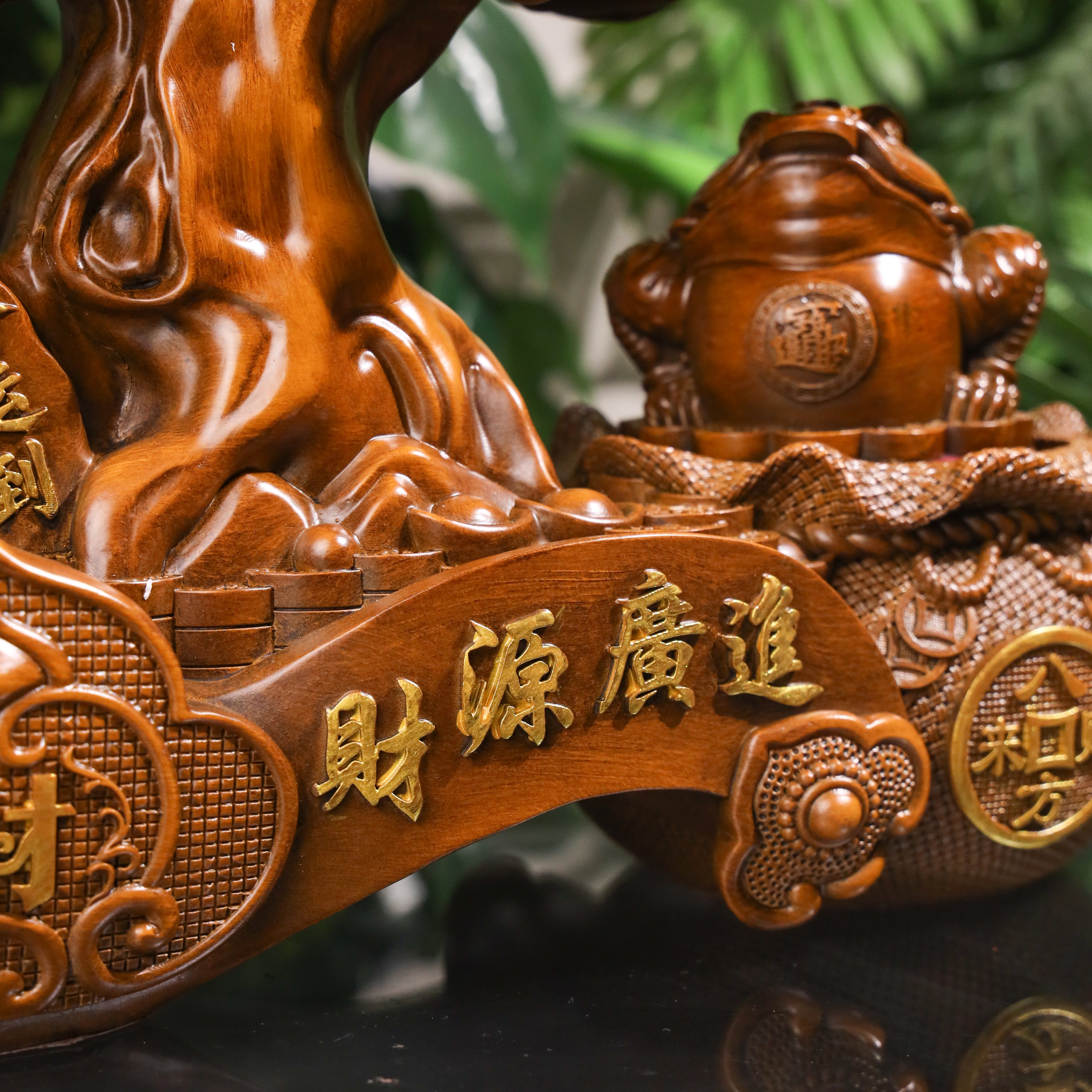 Double Fortune Wood Money Tree & Frog 37cm