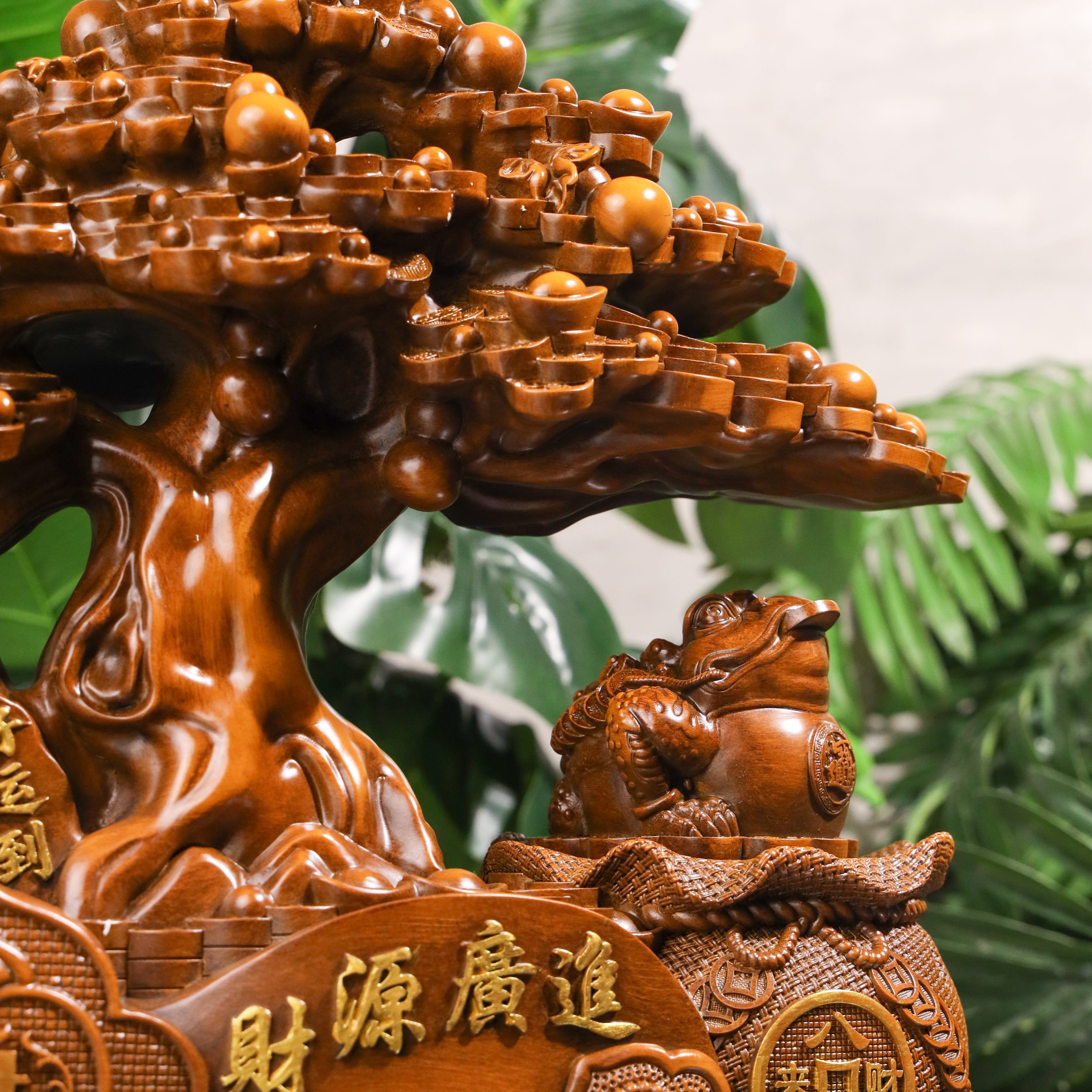 Double Fortune Wood Money Tree & Frog 37cm