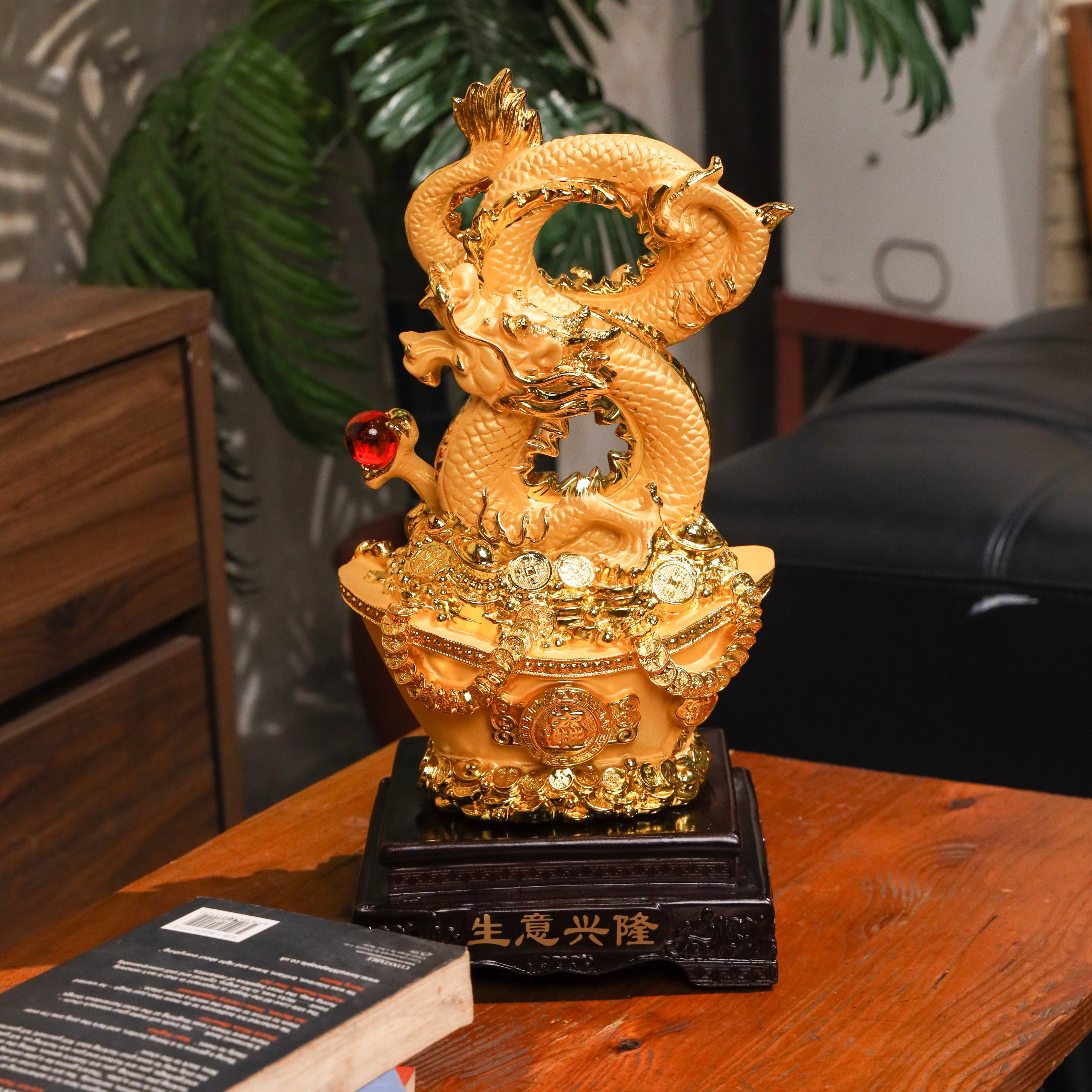 Golden Infinity Dragon on Wealth Ingot 38cm