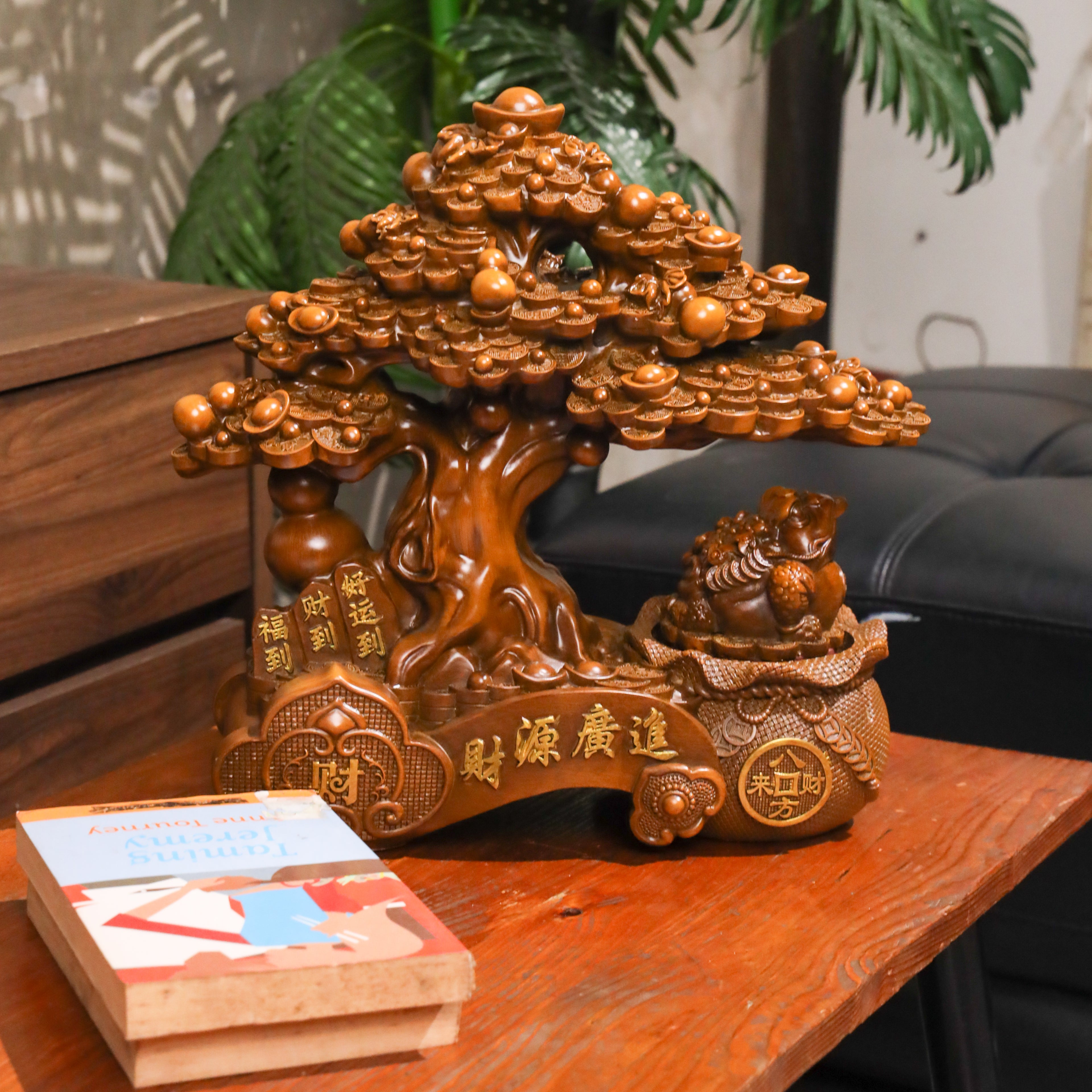 Double Fortune Wood Money Tree & Frog 37cm