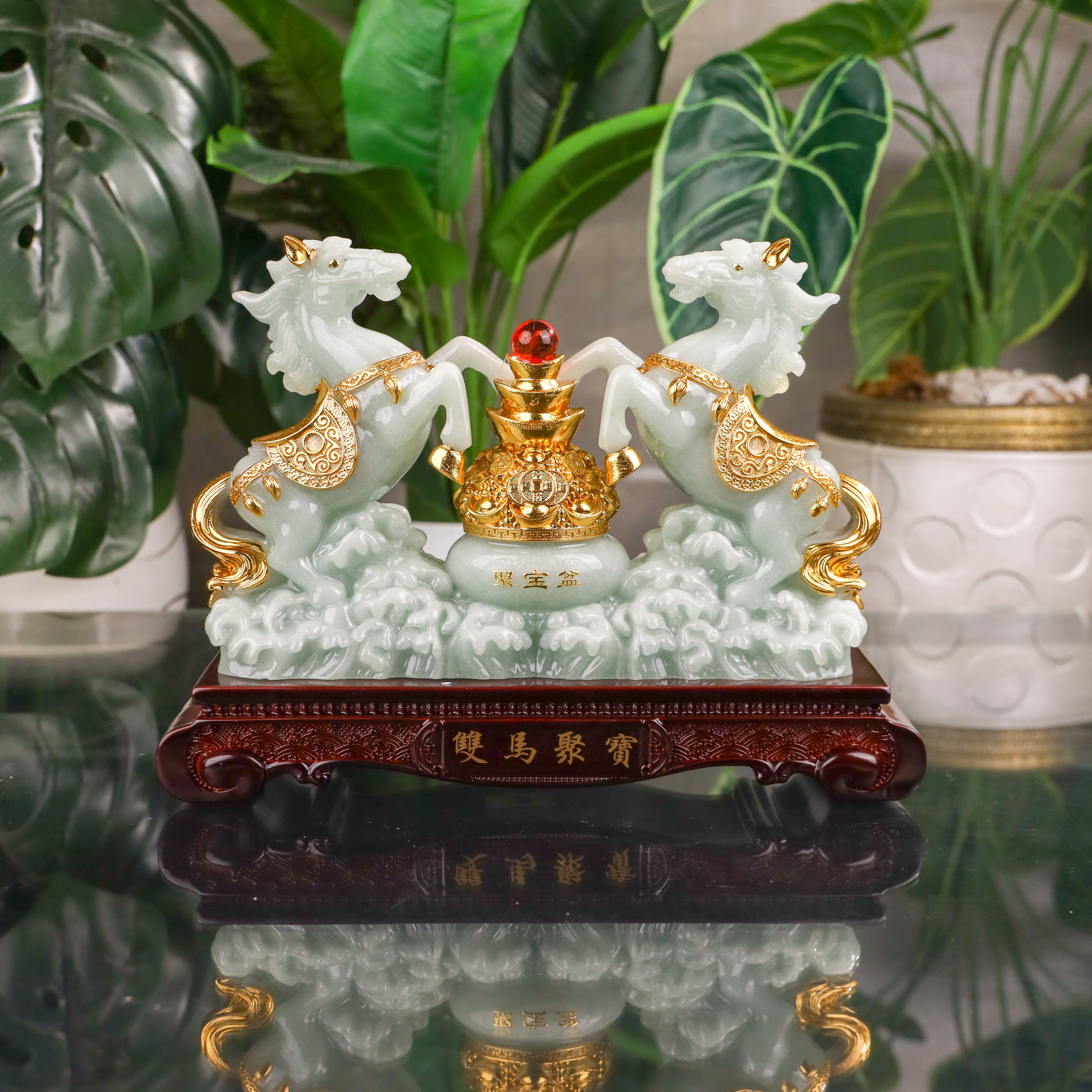 Double Jade Horses of Achievement and Gain 30cm