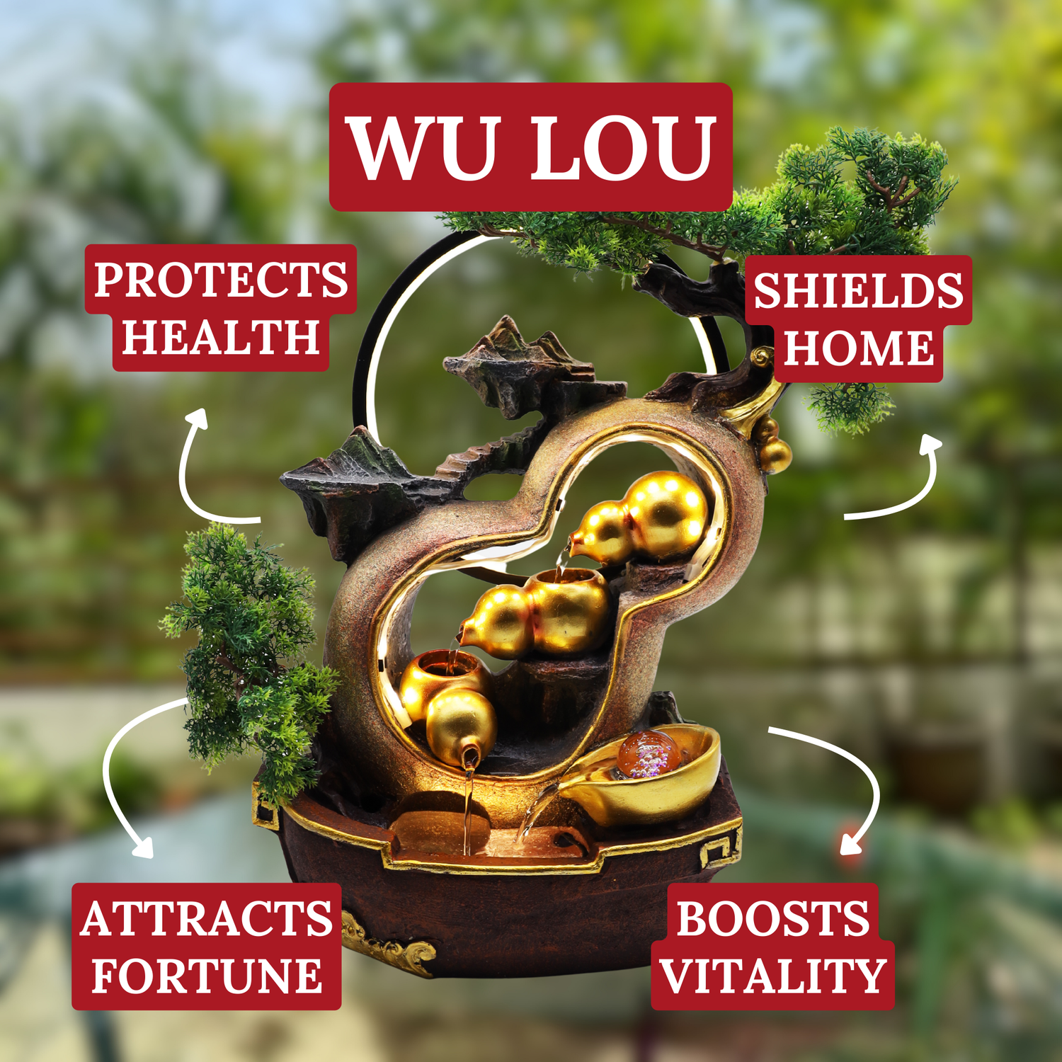 Illuminated Wu Lou Fountain of Health Energy 47cm