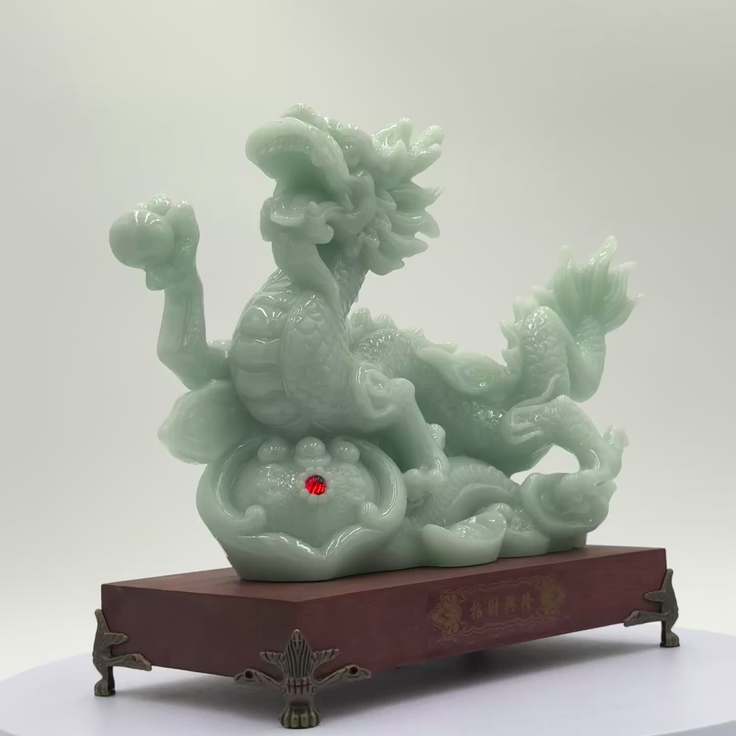 Dynasty Jade Dragon on Wooden Base 29cm