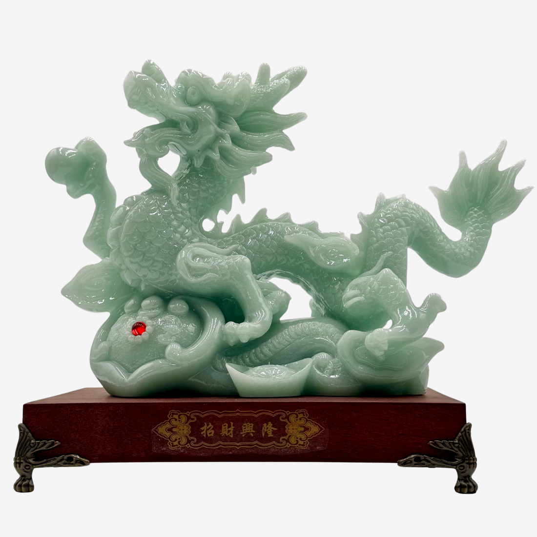 Dynasty Jade Dragon on Wooden Base 29cm