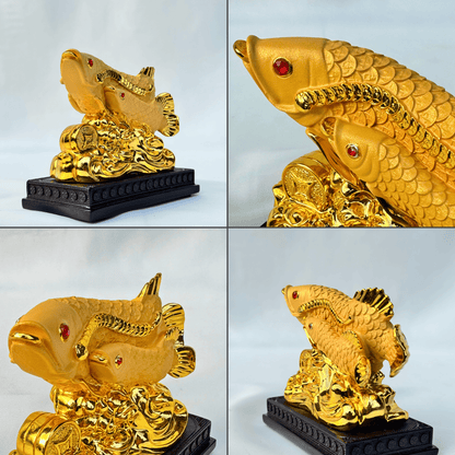 Mini Gold Arowanas Swimming in Wealth 13cm - Feng Shui Chinese Lucky Items - Royal Dragon Decor