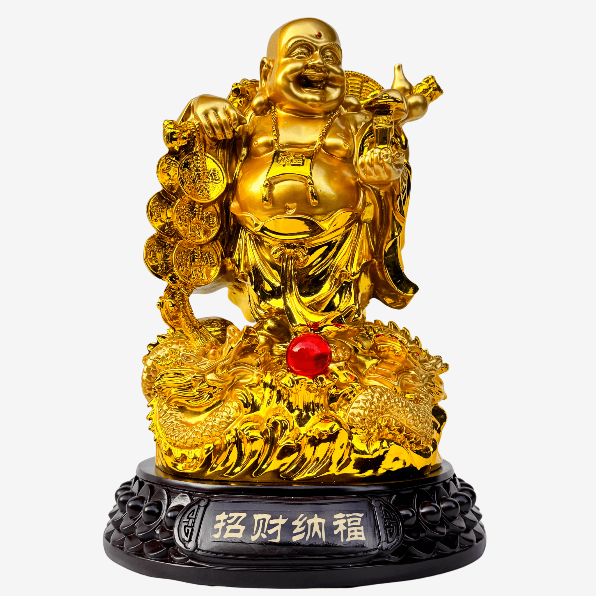 Gold-Carrying Laughing Buddha on Dragon 31cm - Feng Shui Chinese Lucky Items - Royal Dragon Decor