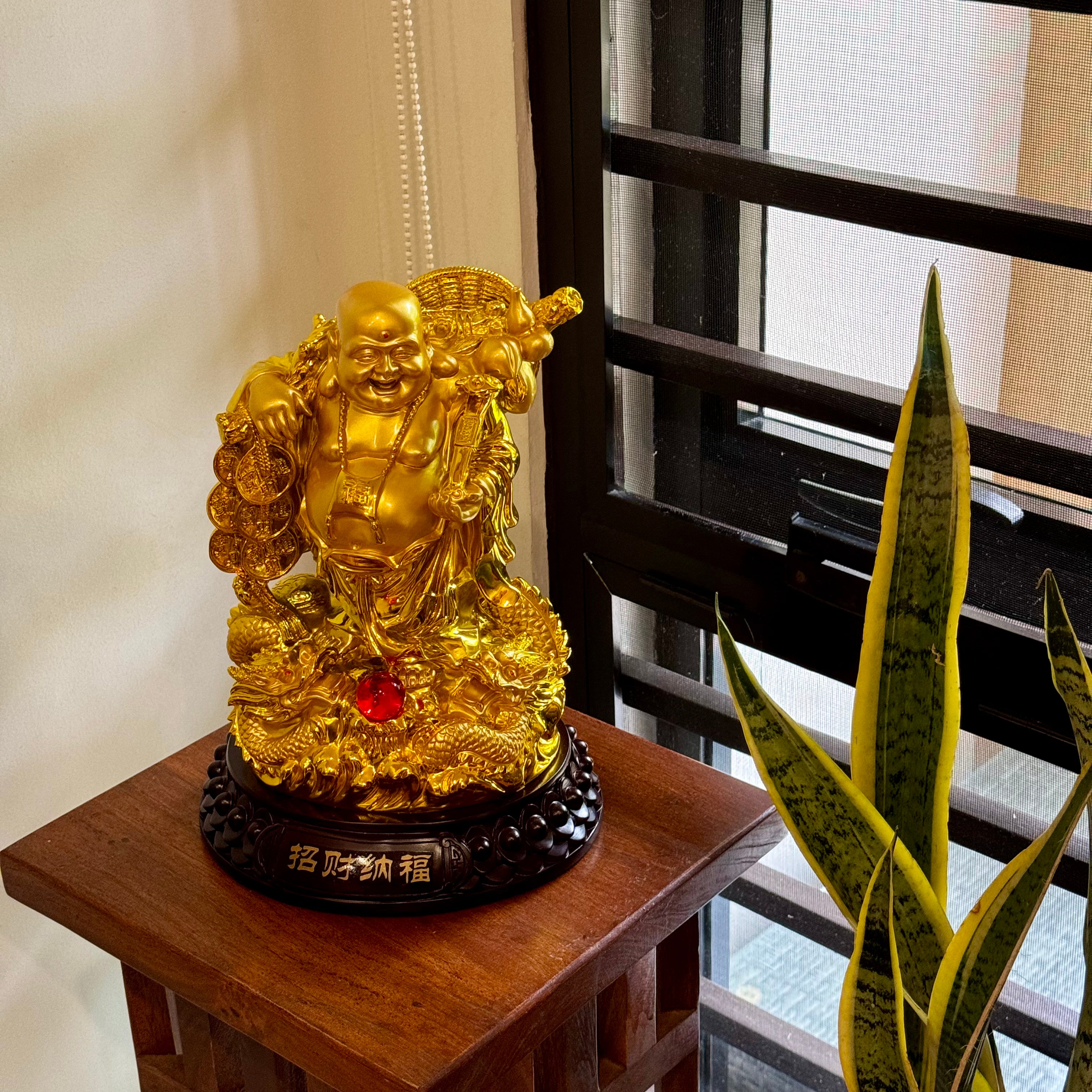 Gold-Carrying Laughing Buddha on Dragon 31cm - Feng Shui Chinese Lucky Items - Royal Dragon Decor