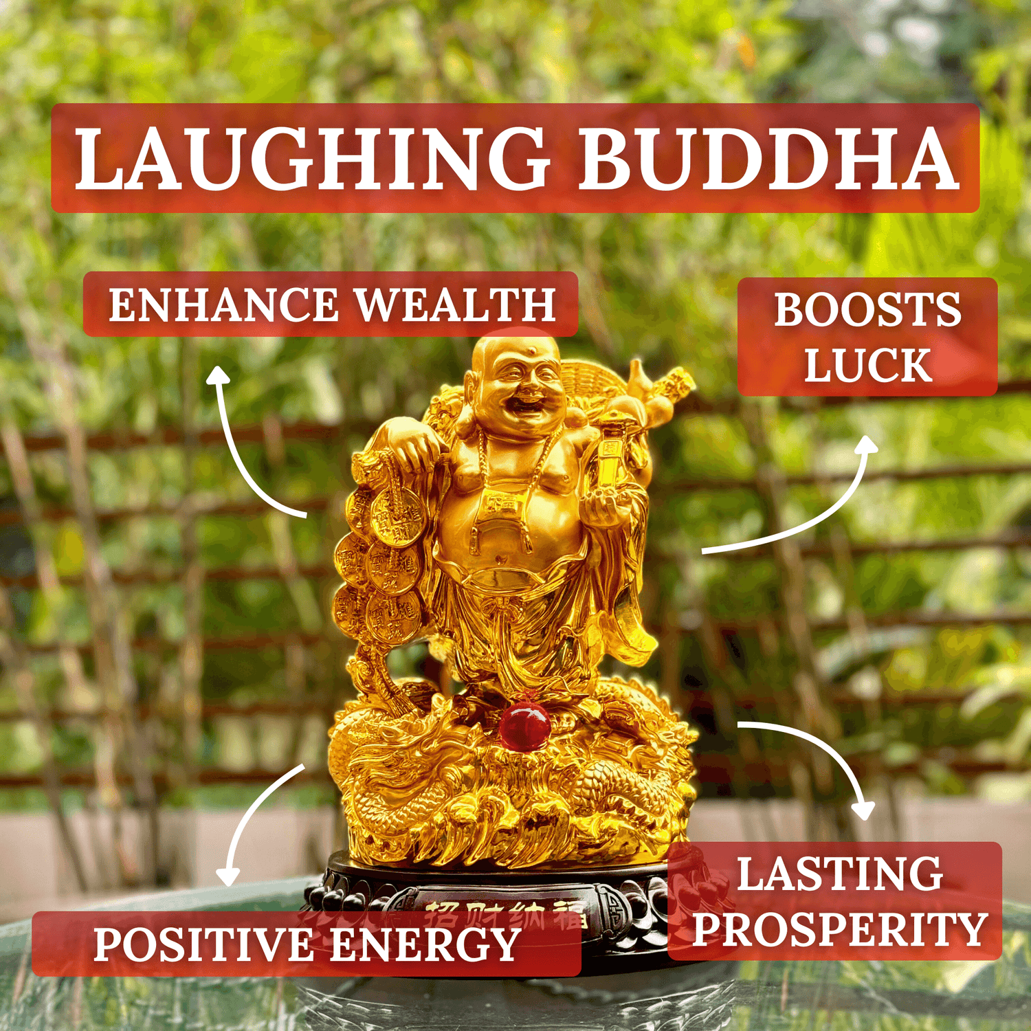 Gold-Carrying Laughing Buddha on Dragon 31cm - Feng Shui Chinese Lucky Items - Royal Dragon Decor