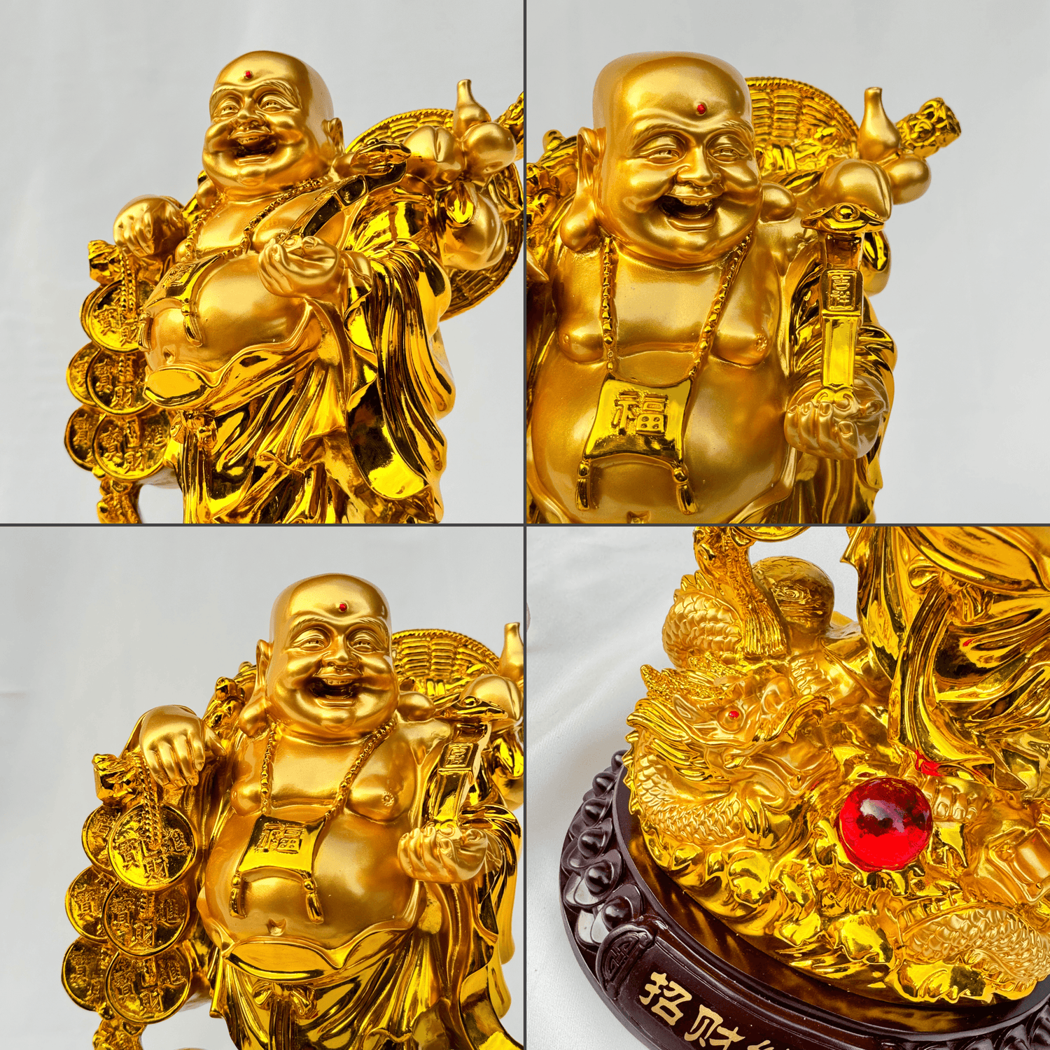 Gold-Carrying Laughing Buddha on Dragon 31cm - Feng Shui Chinese Lucky Items - Royal Dragon Decor