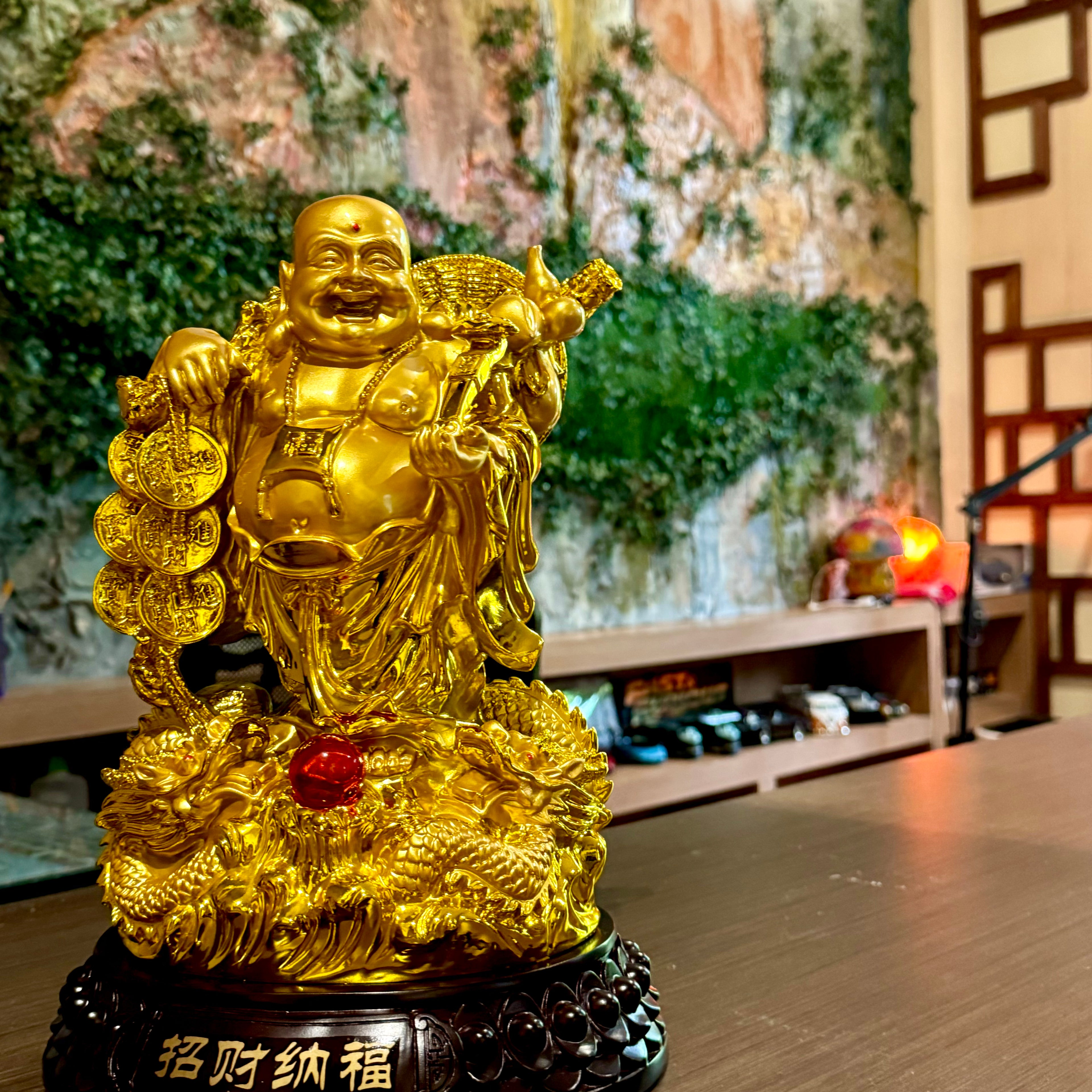 Gold-Carrying Laughing Buddha on Dragon 31cm - Feng Shui Chinese Lucky Items - Royal Dragon Decor