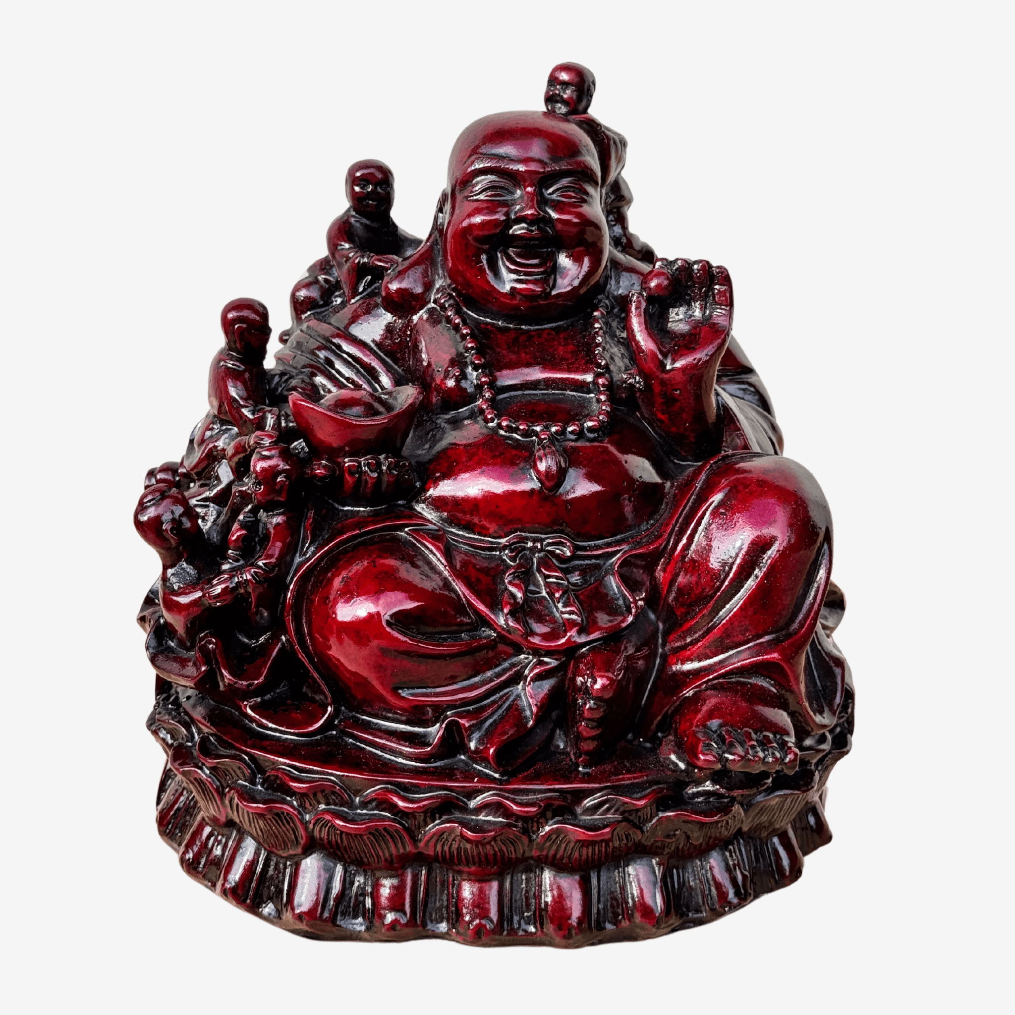 Red Laughing Buddha Sitting with Many Children 18.5cm - Feng Shui Chinese Lucky Items - Royal Dragon Decor