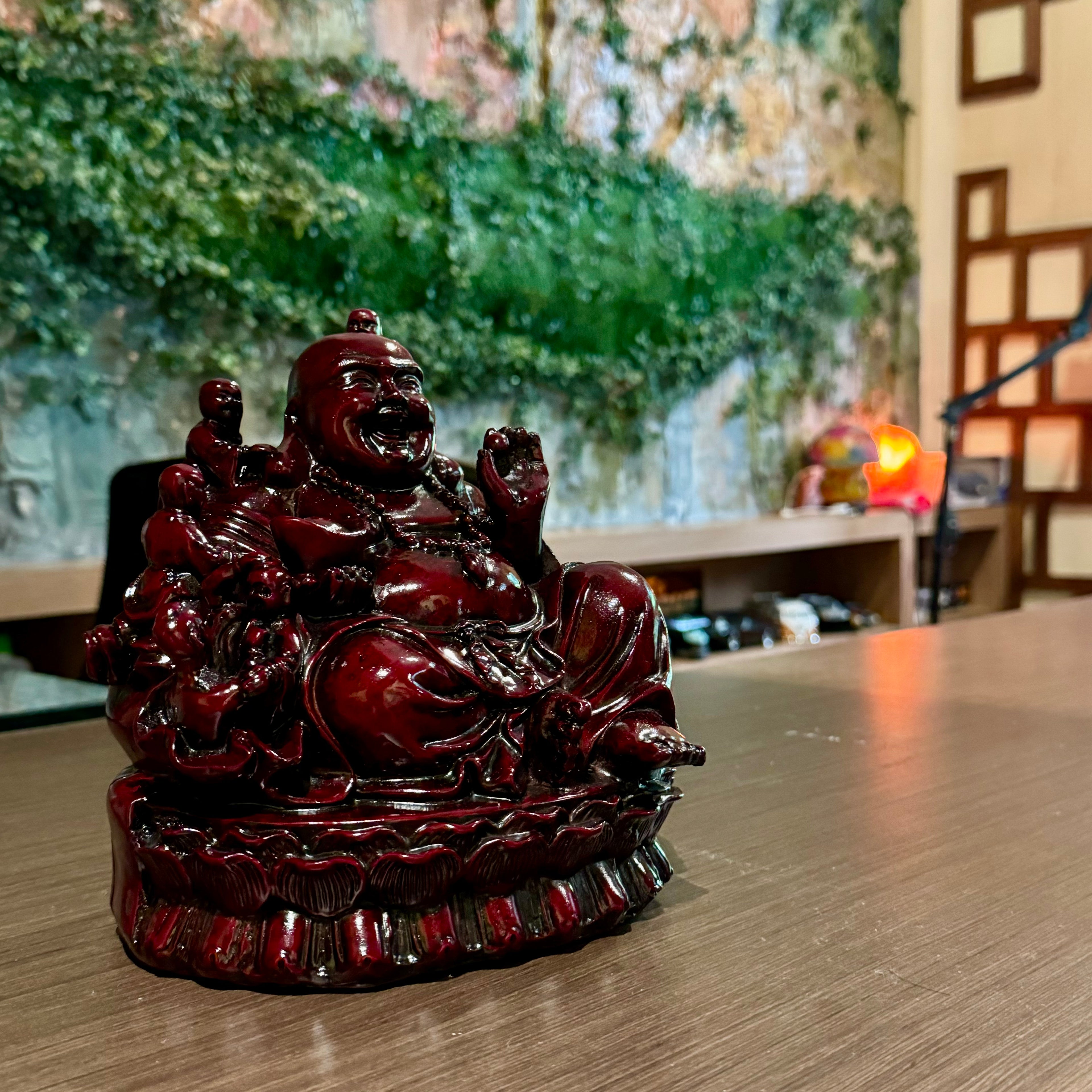 Red Laughing Buddha Sitting with Many Children 18.5cm - Feng Shui Chinese Lucky Items - Royal Dragon Decor