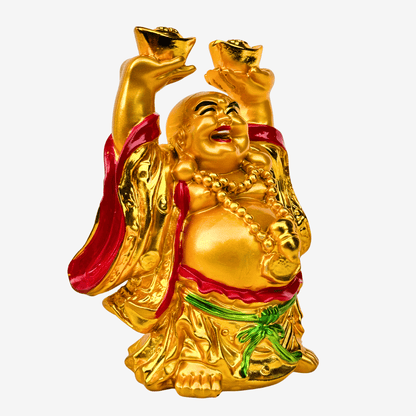 Gold Laughing Buddha Carrying Ingots of Wealth 16cm - Feng Shui Chinese Lucky Items - Royal Dragon Decor