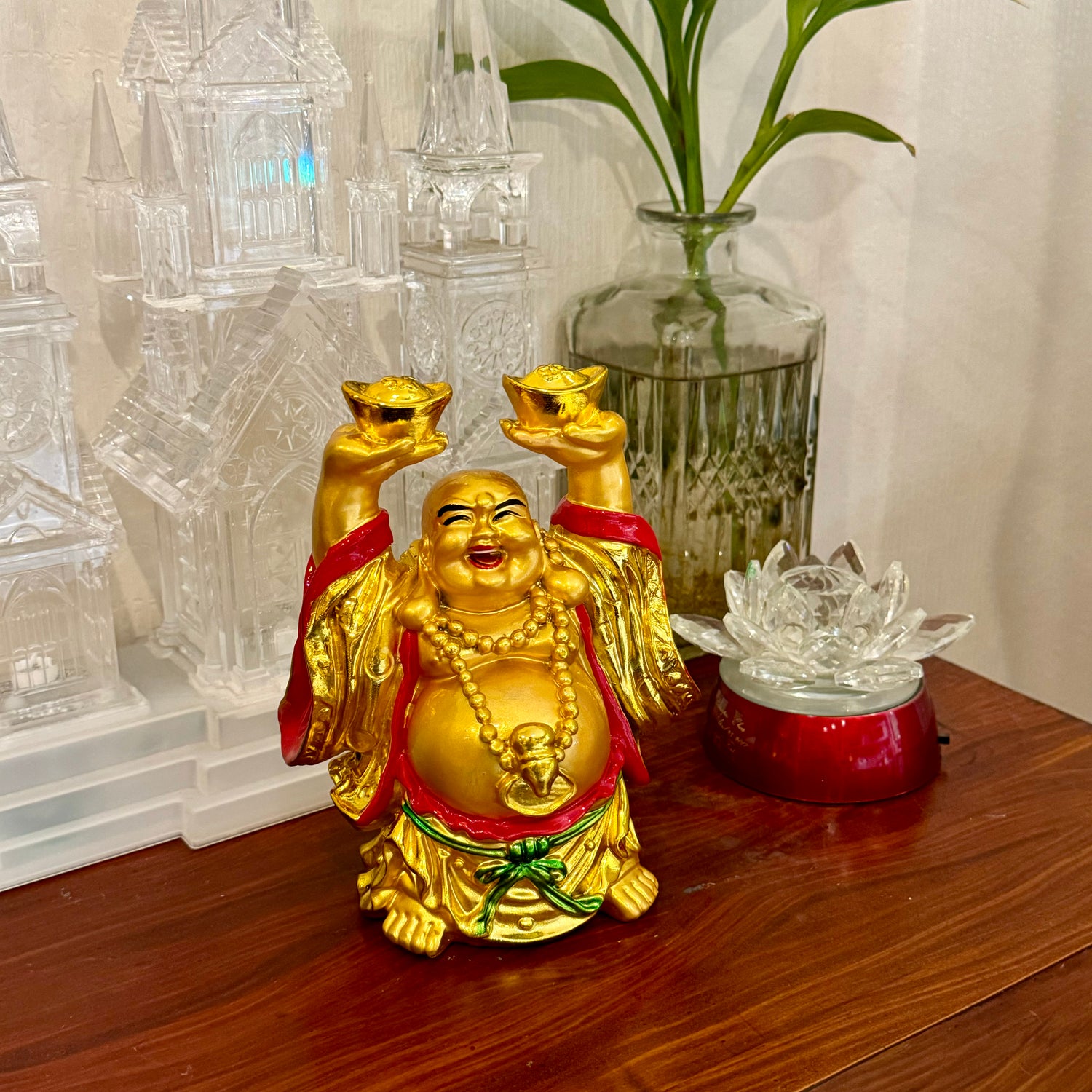 Gold Laughing Buddha Carrying Ingots of Wealth 16cm - Feng Shui Chinese Lucky Items - Royal Dragon Decor