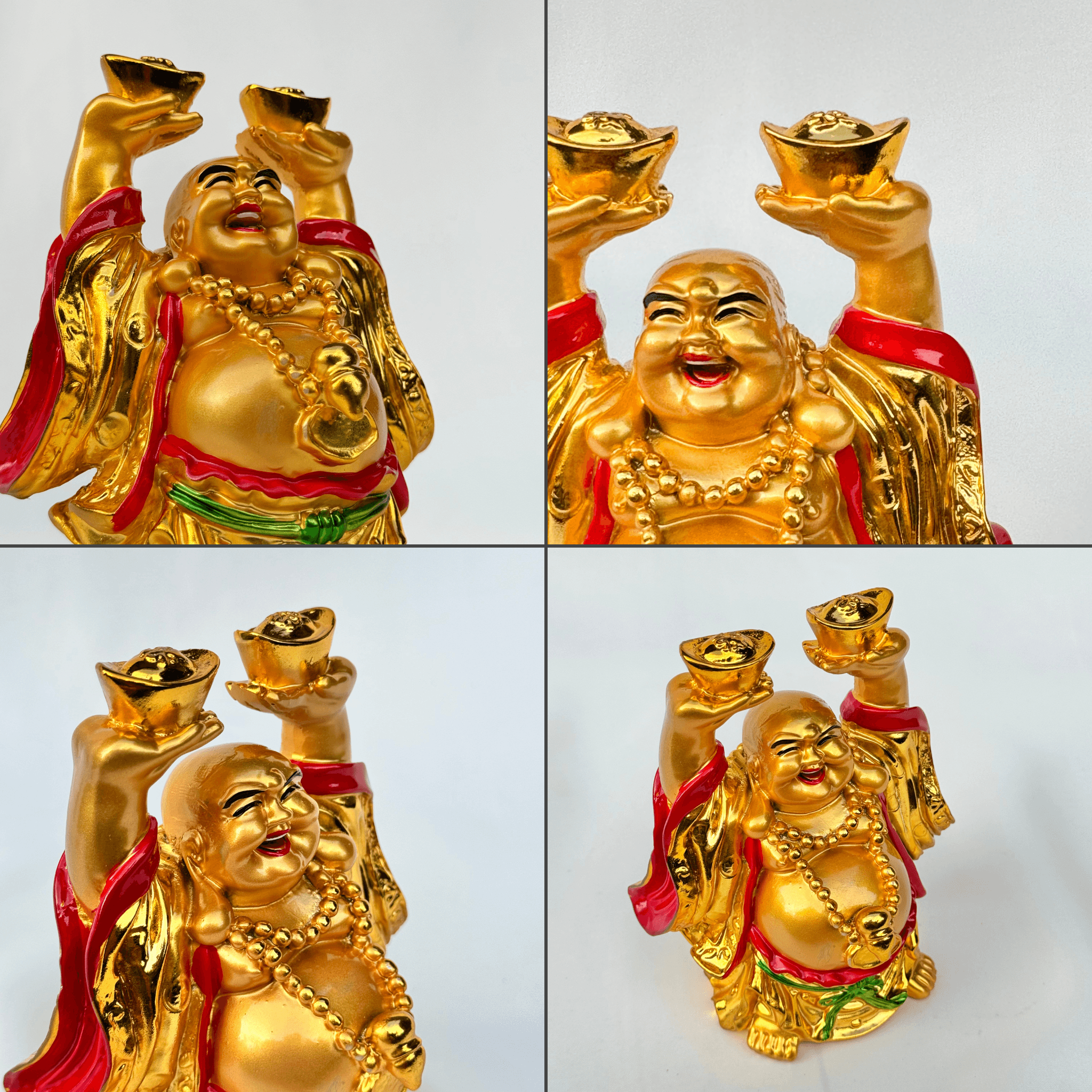 Gold Laughing Buddha Carrying Ingots of Wealth 16cm - Feng Shui Chinese Lucky Items - Royal Dragon Decor