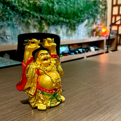 Gold Laughing Buddha Carrying Ingots of Wealth 16cm - Feng Shui Chinese Lucky Items - Royal Dragon Decor