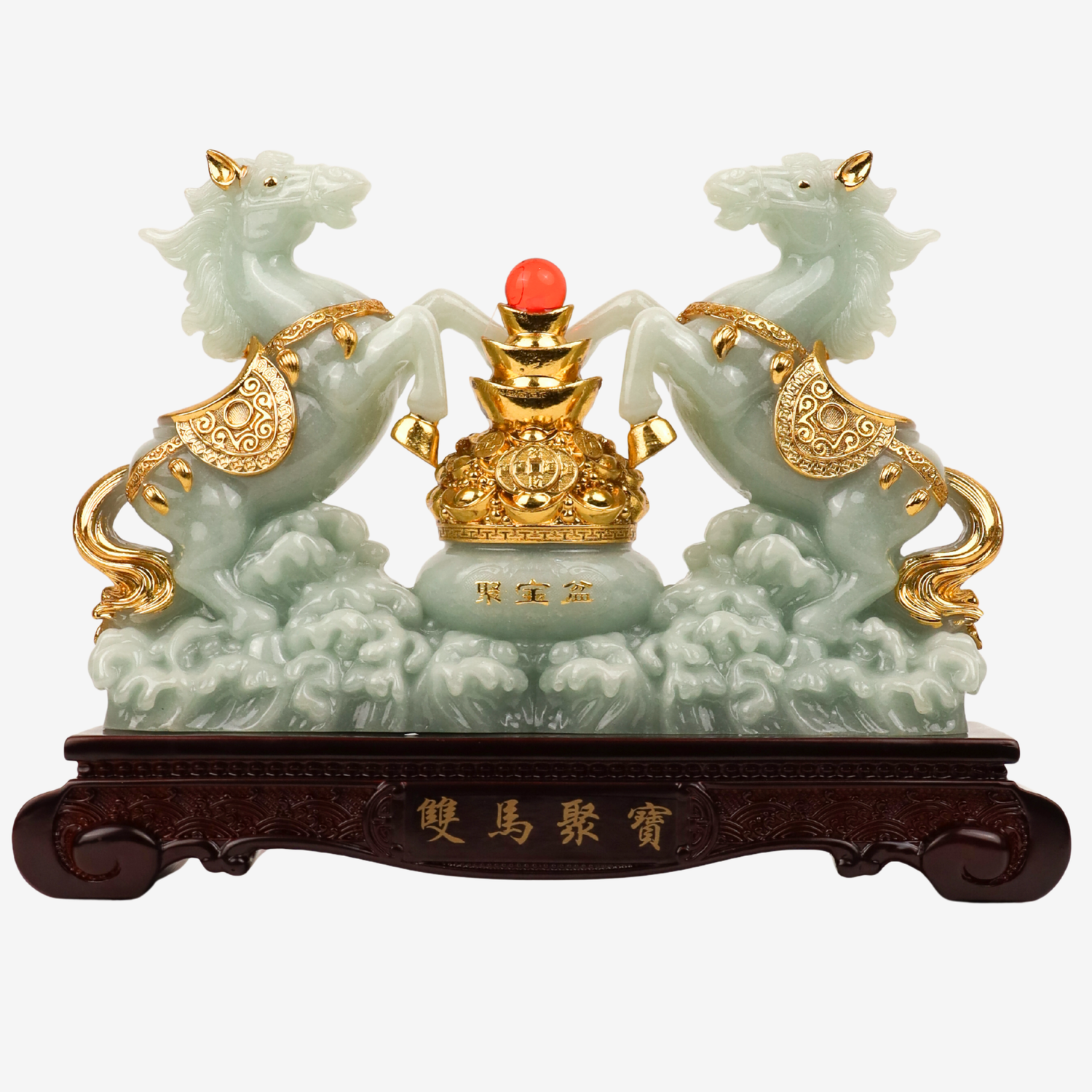 Double Jade Horses of Achievement and Gain 30cm