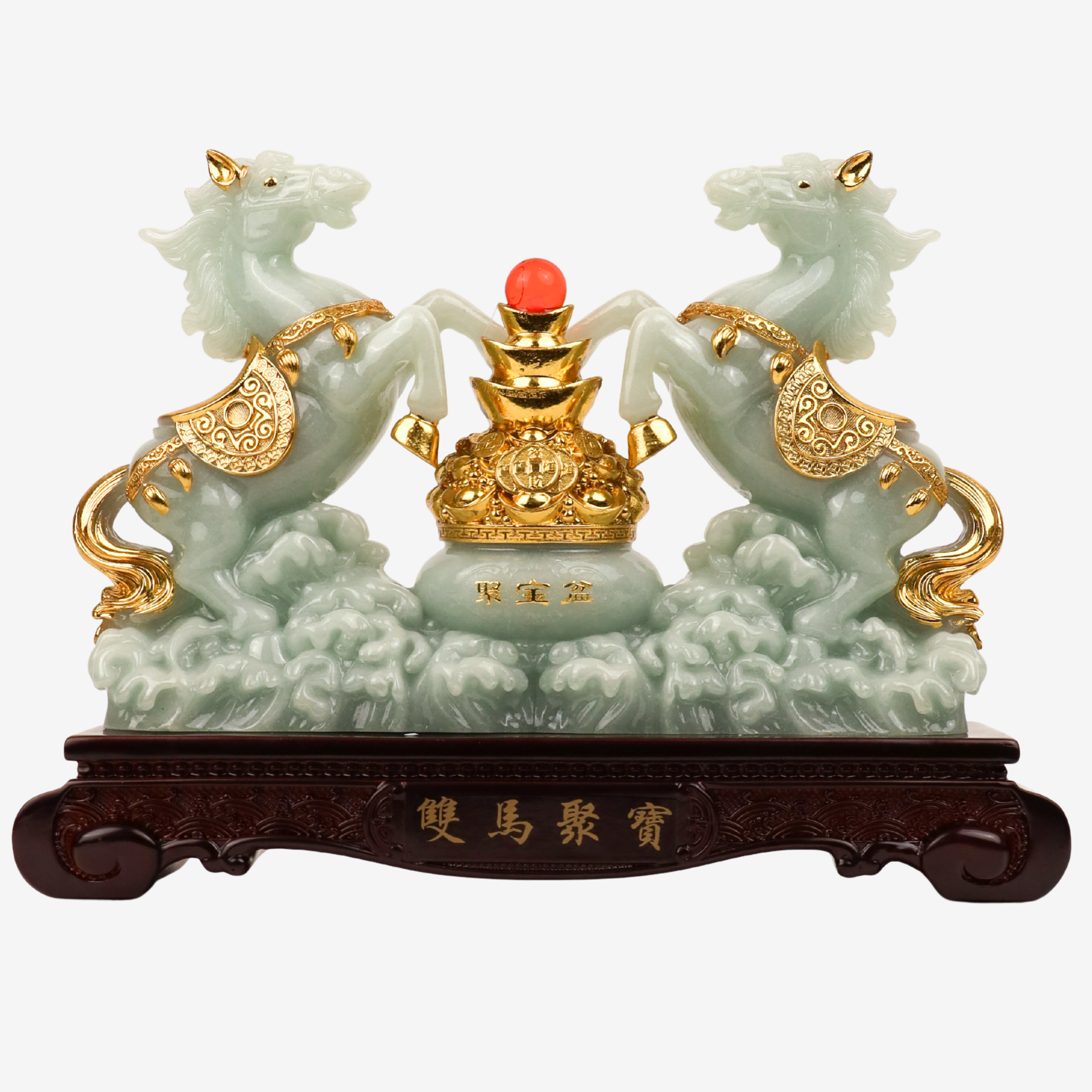 Double Jade Horses of Achievement and Gain 30cm