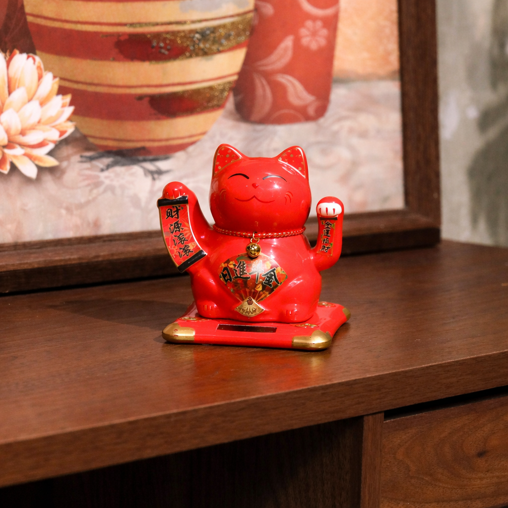 Auspicious Red Solar-Powered Lucky Cat 11cm