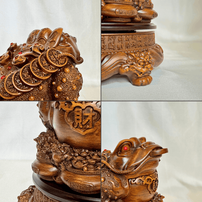 Wood Rotating Three-legged Toad on Money Pots 25cm - Feng Shui Chinese Lucky Items - Royal Dragon Decor