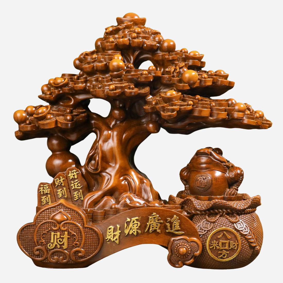 Double Fortune Wood Money Tree &amp; Frog 37cm