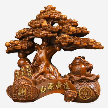 Double Fortune Wood Money Tree &amp; Frog 37cm