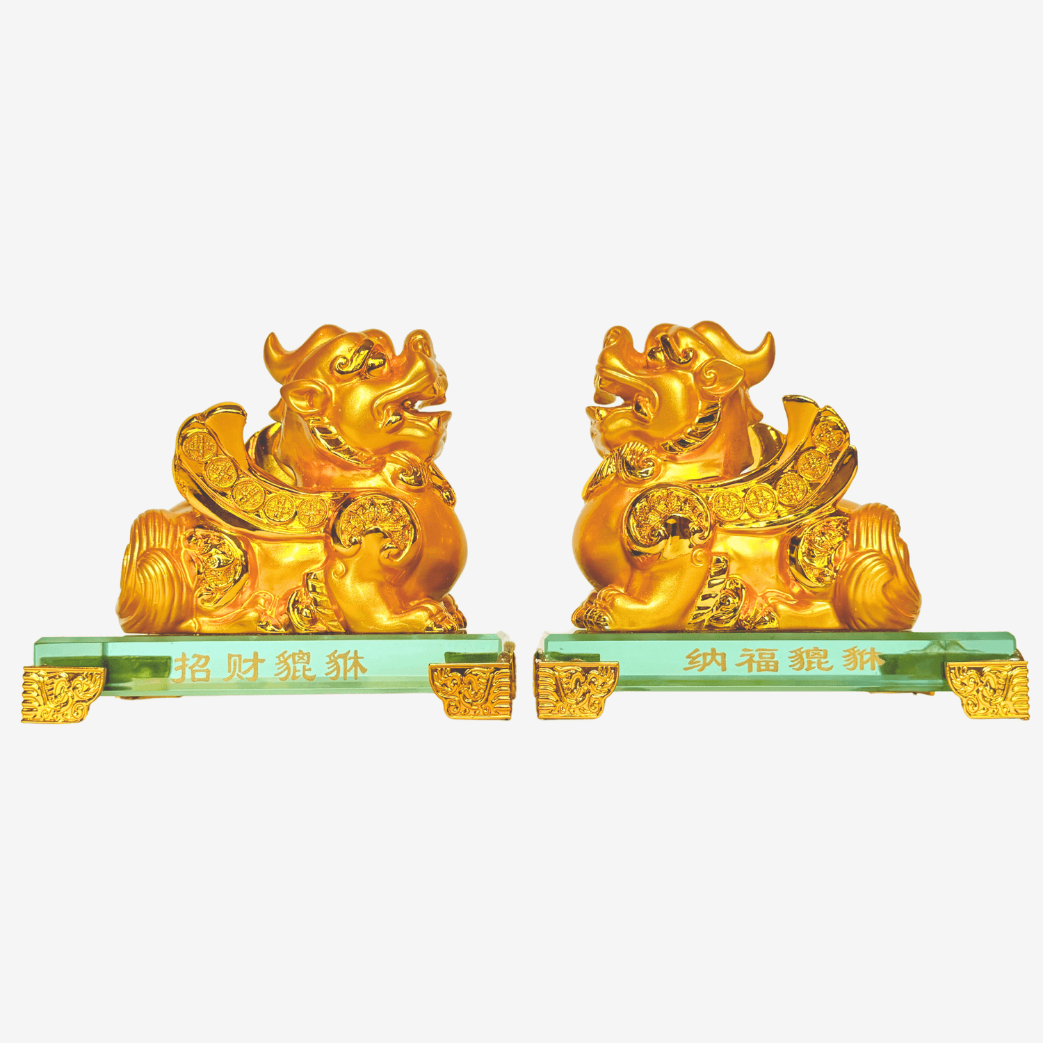 Golden Little Pi Yao / Pixiu Protection Pair 12cm - Feng Shui Chinese Lucky Items - Royal Dragon Decor