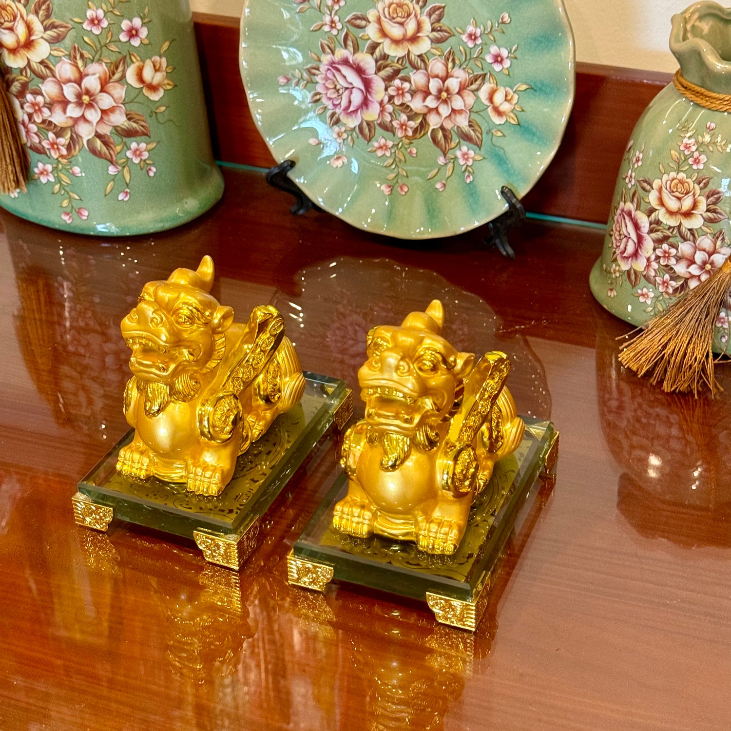 Golden Little Pi Yao / Pixiu Protection Pair 12cm - Feng Shui Chinese Lucky Items - Royal Dragon Decor