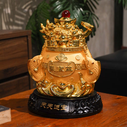 Golden Wealth Pot with Arowanas of Abundance 26cm