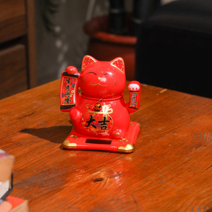 Auspicious Red Solar-Powered Lucky Cat 11cm