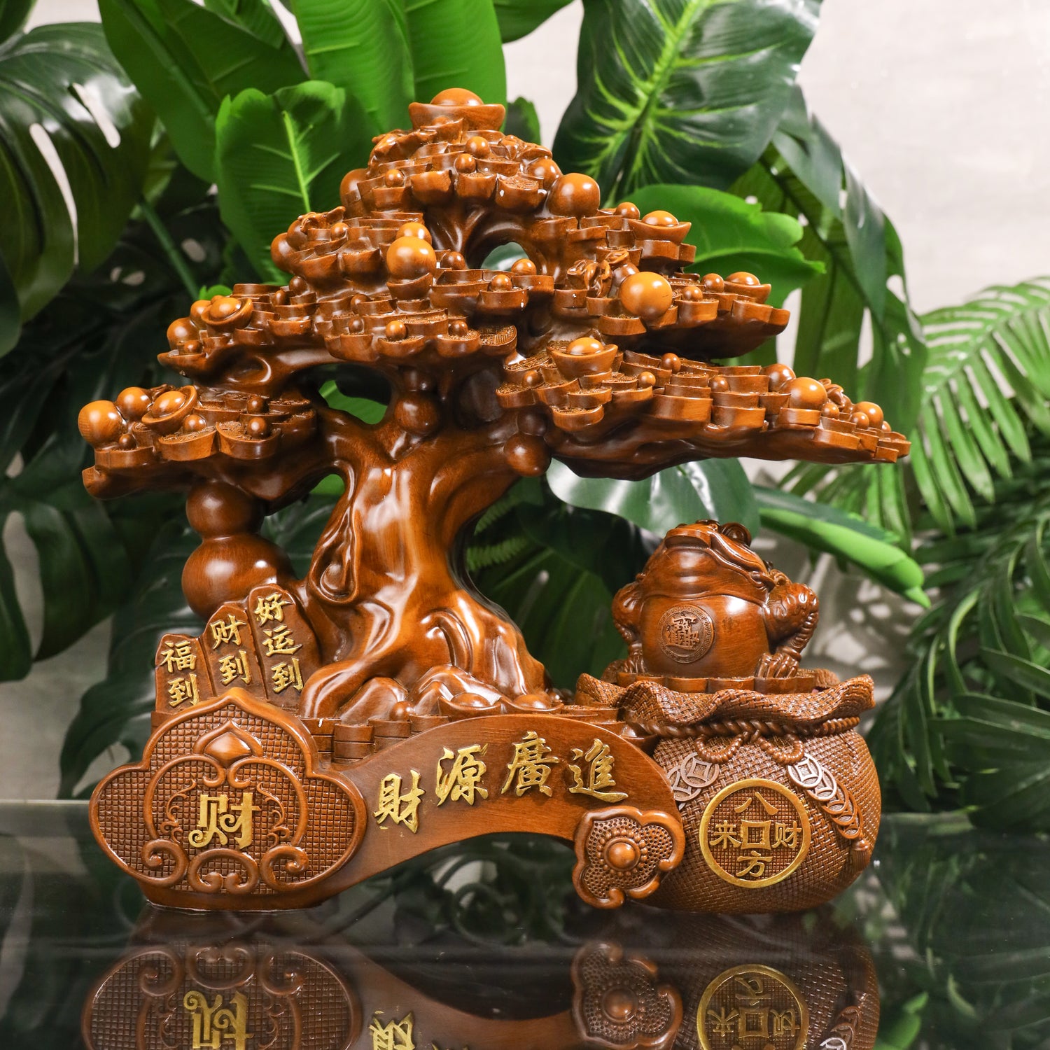 Double Fortune Wood Money Tree &amp; Frog 37cm