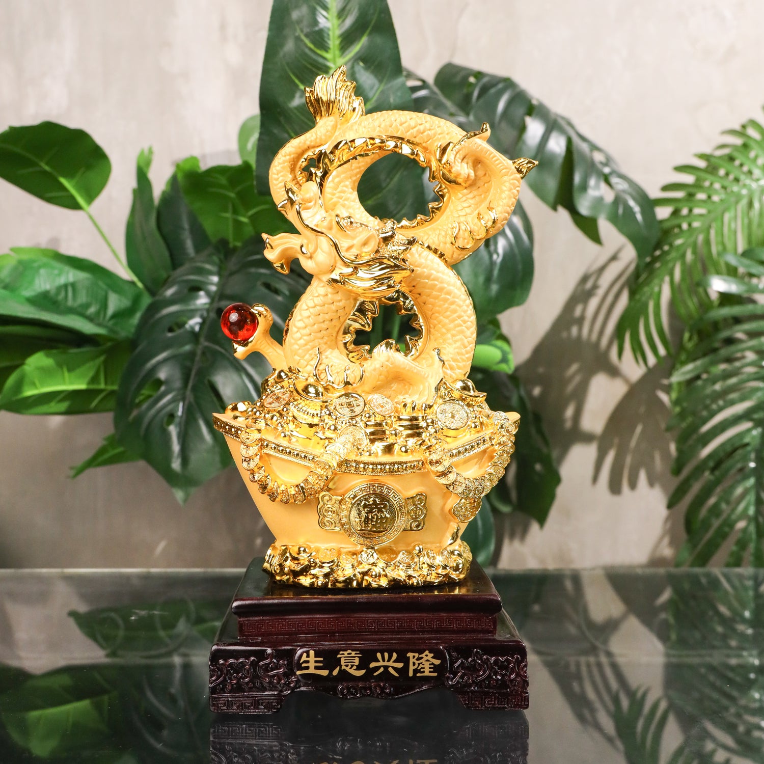 Golden Infinity Dragon on Wealth Ingot 38cm
