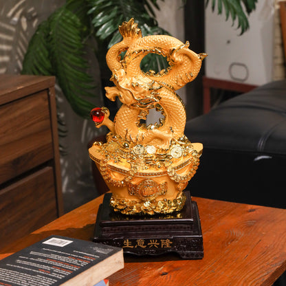 Golden Infinity Dragon on Wealth Ingot 38cm