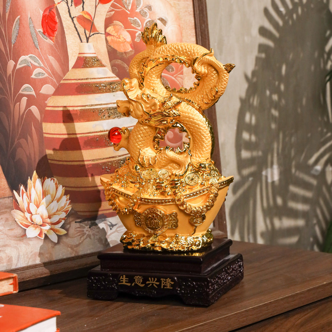 Golden Infinity Dragon on Wealth Ingot 38cm