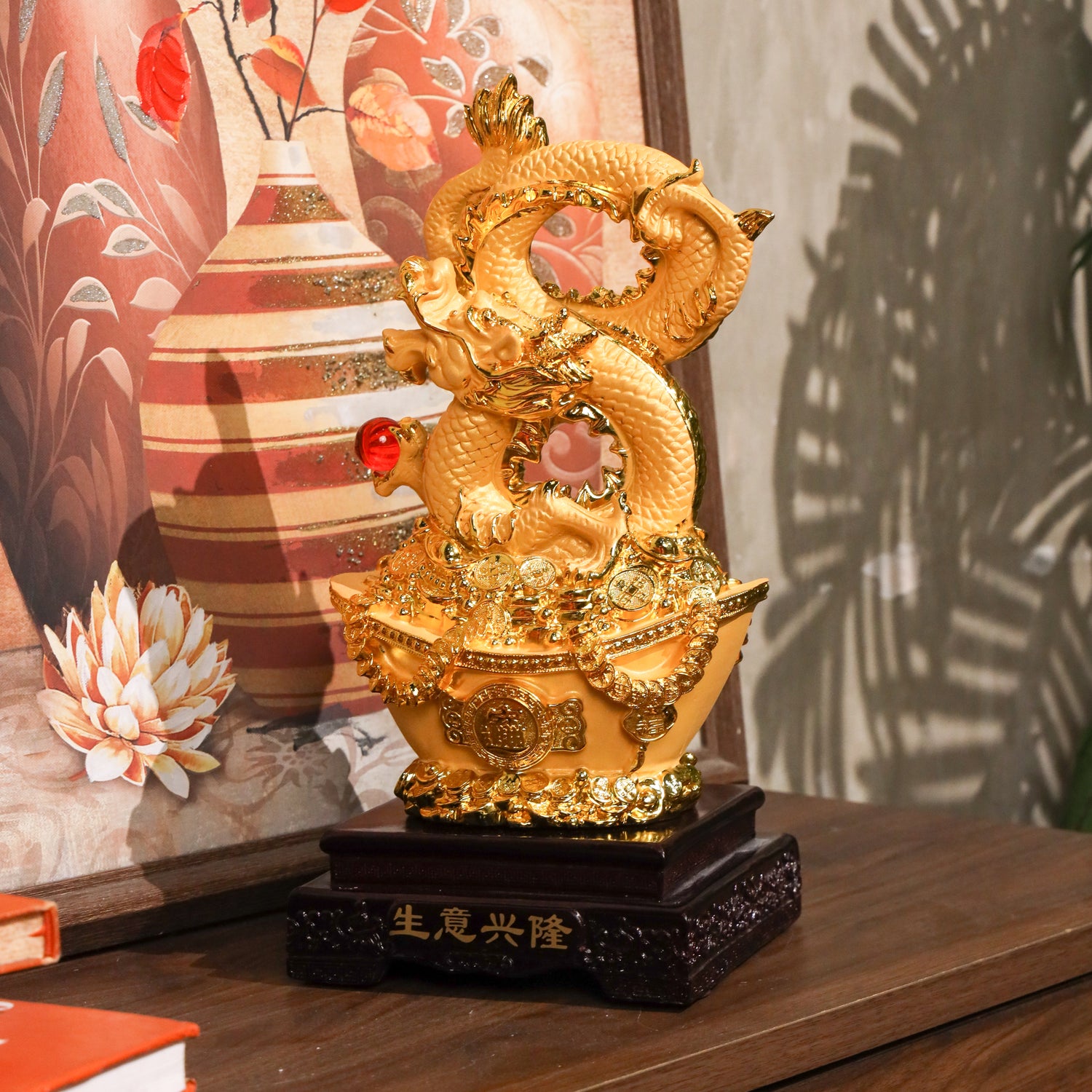 Golden Infinity Dragon on Wealth Ingot 38cm